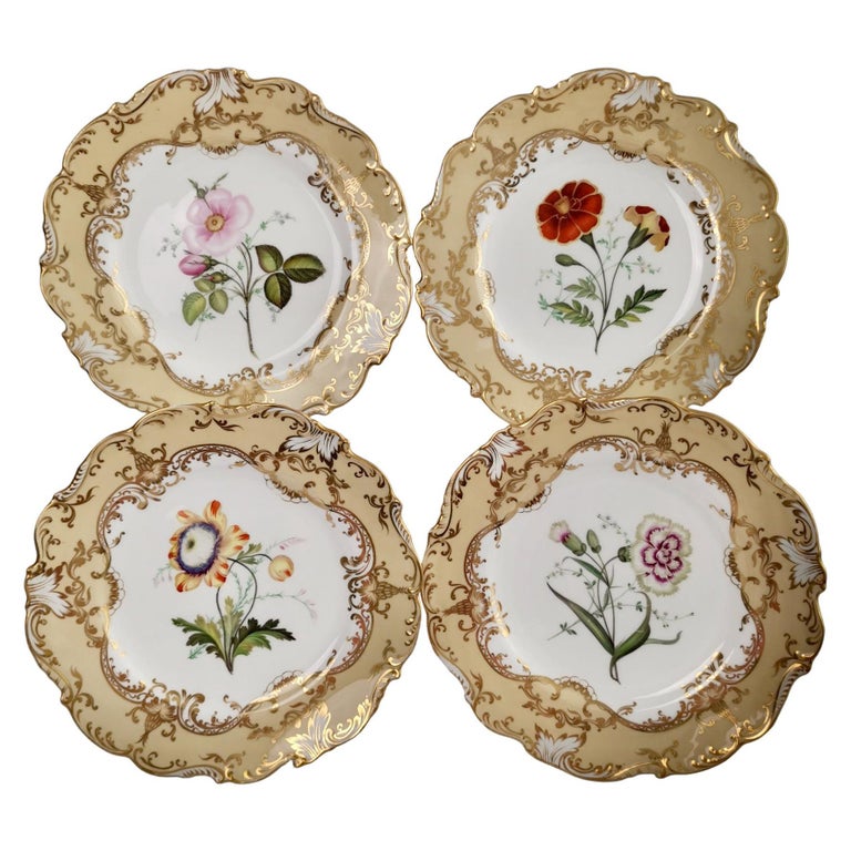 Coalport Set of 4 Porcelain Plates, Beige with Flowers Attr. John Toulouse, 1844 For Sale