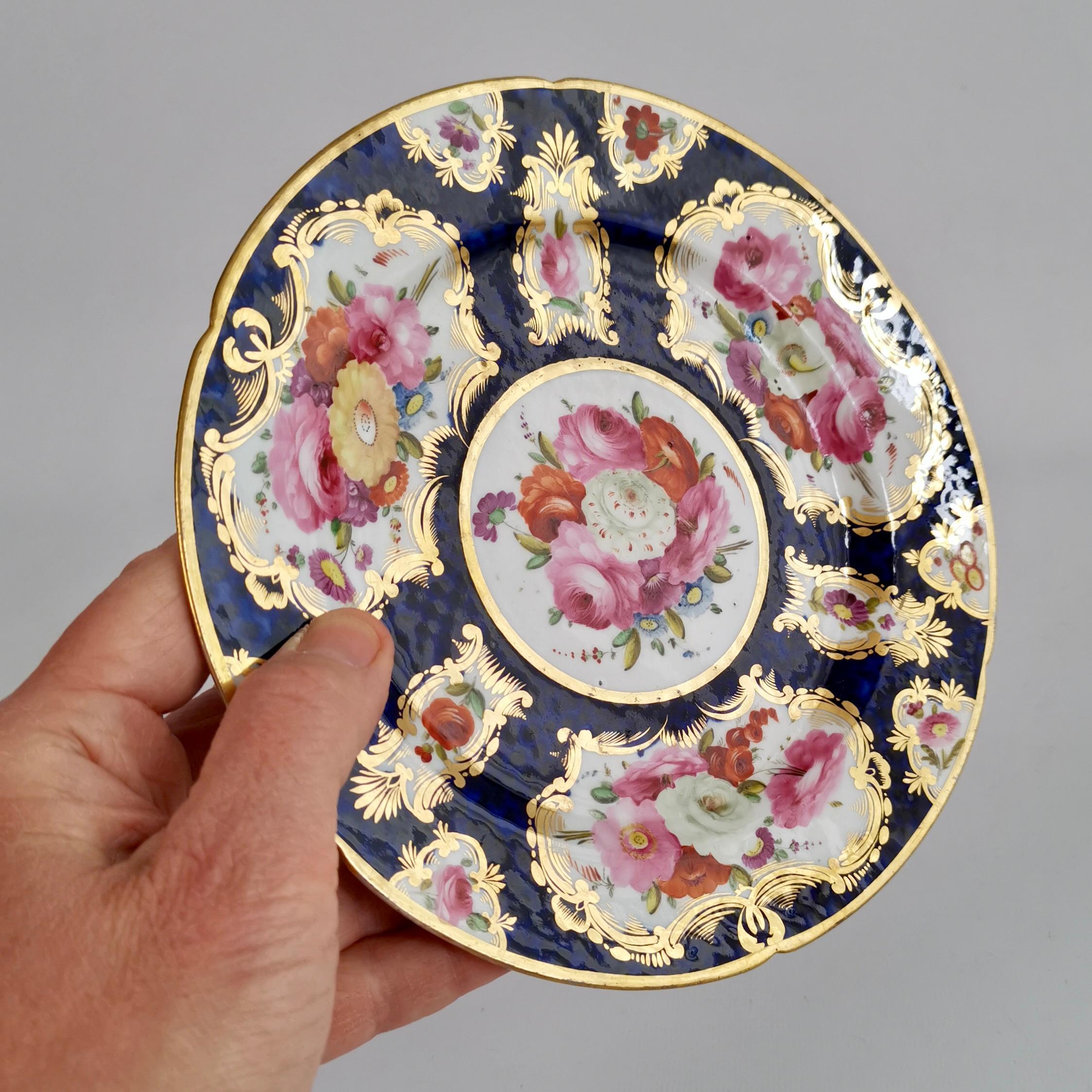 This is a beautiful small plate made by Coalport between 1810 and 1815. The plate has a deep cobalt blue scaled ground and flower reserves surrounded by gilt scrolls.

Coalport was one of the leading potters in 19th and 20th Century Staffordshire.