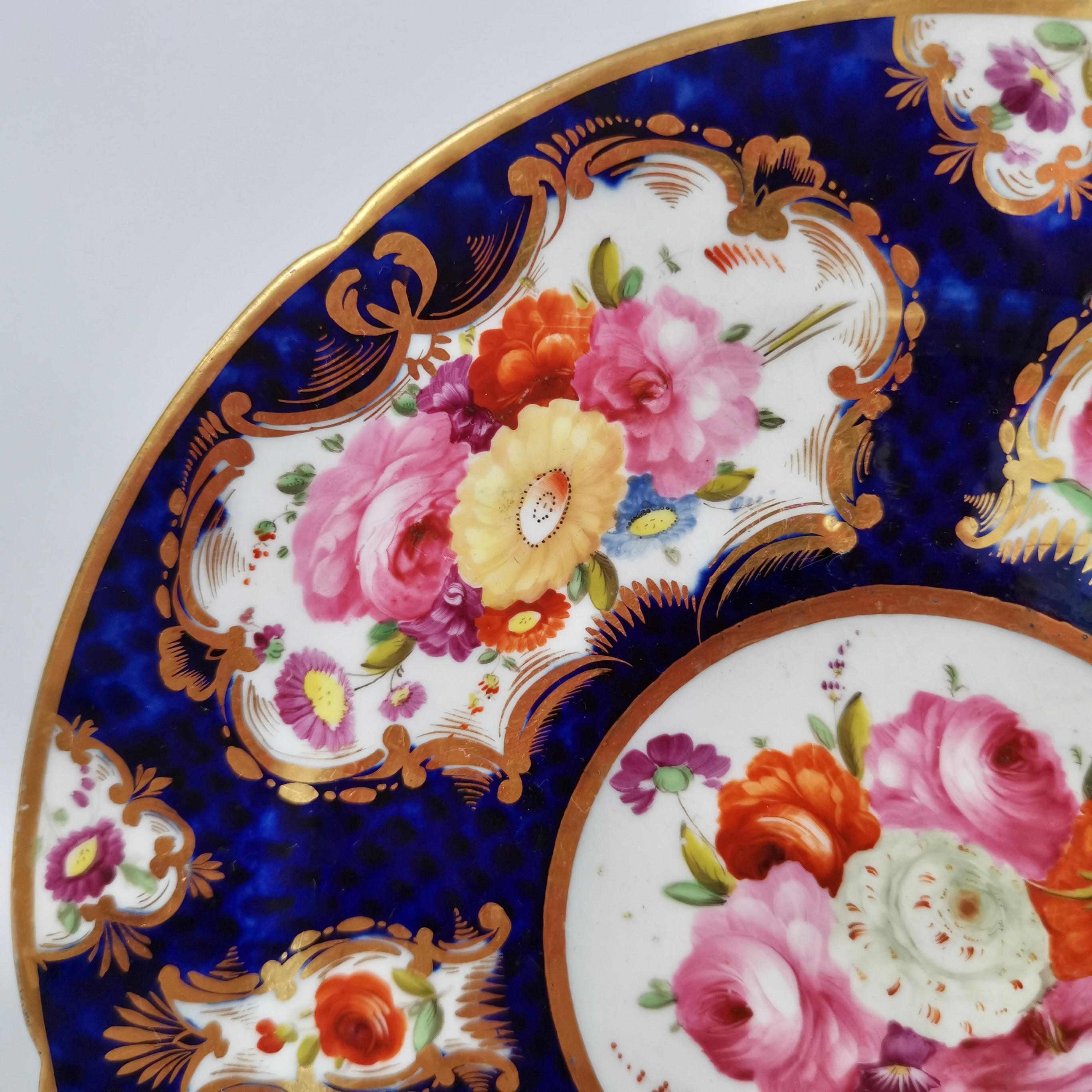 Hand-Painted Coalport Small Porcelain Plate, Cobalt Blue, Gilt and Flowers, Regency 1810-1815