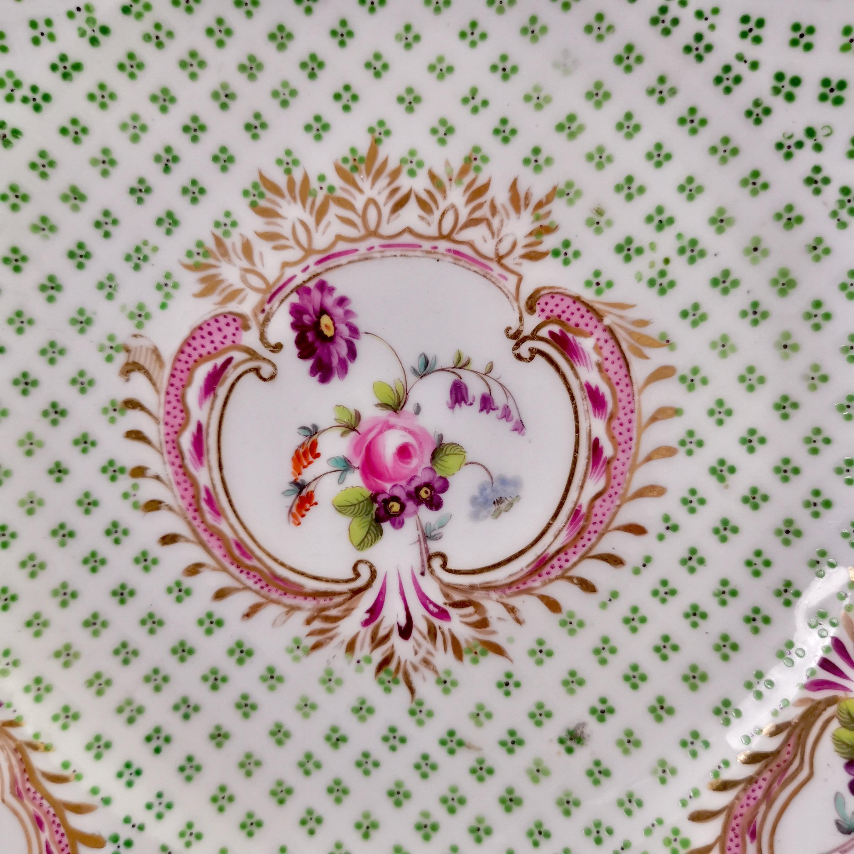English Coalport Small Porcelain Plate, Green and Gilt, Flowers, Regency, circa 1820