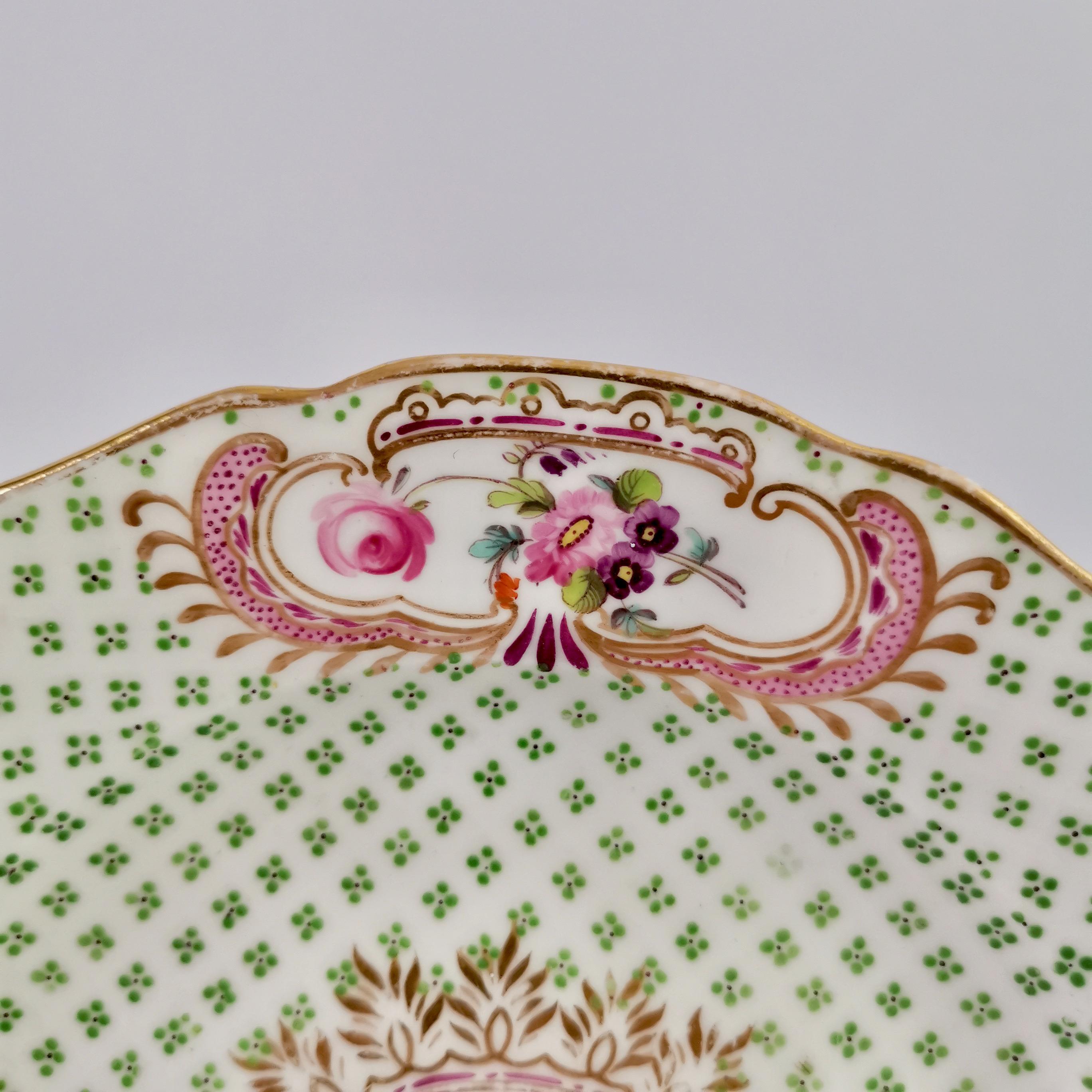 Hand-Painted Coalport Small Porcelain Plate, Green and Gilt, Flowers, Regency, circa 1820