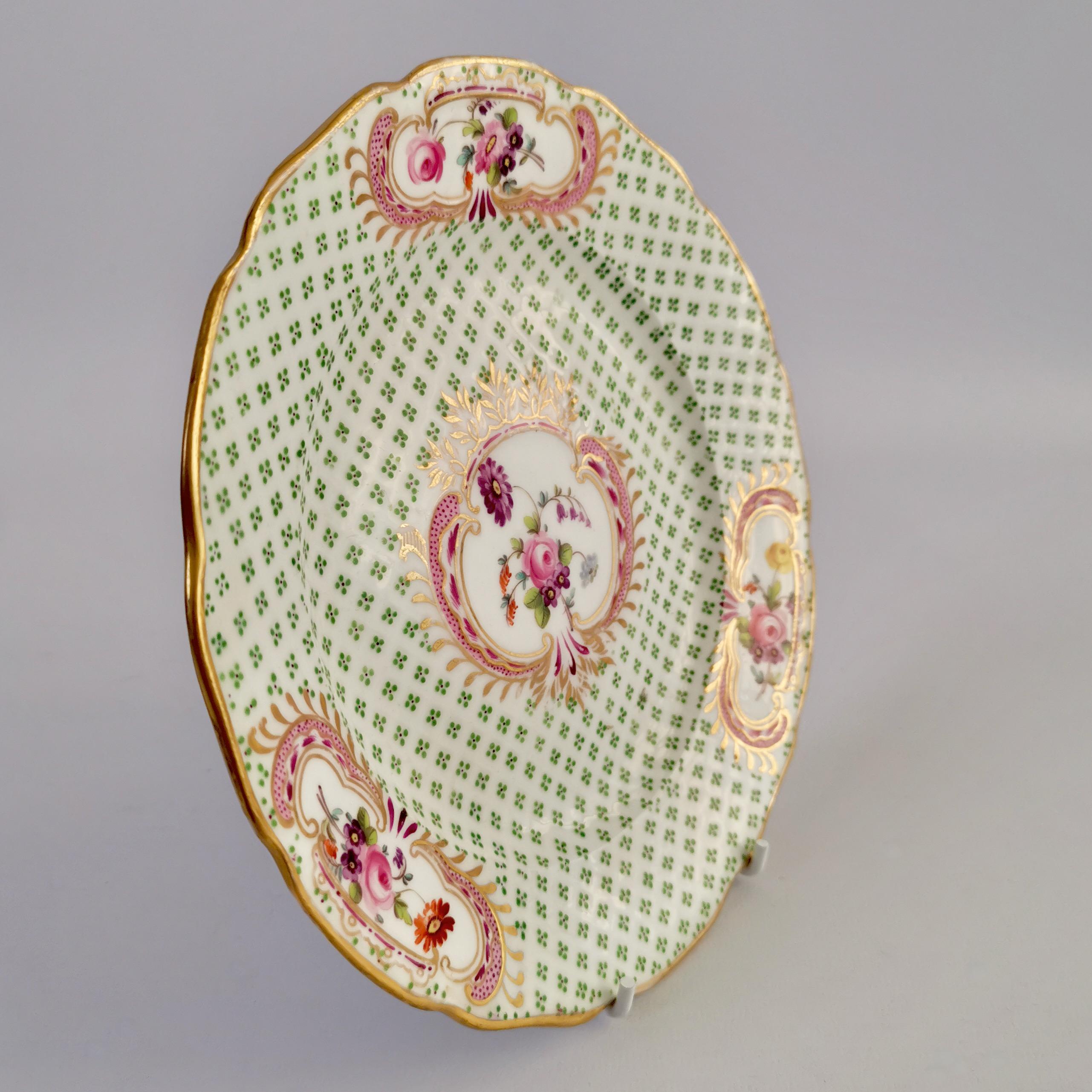 Coalport Small Porcelain Plate, Green and Gilt, Flowers, Regency, circa 1820 1