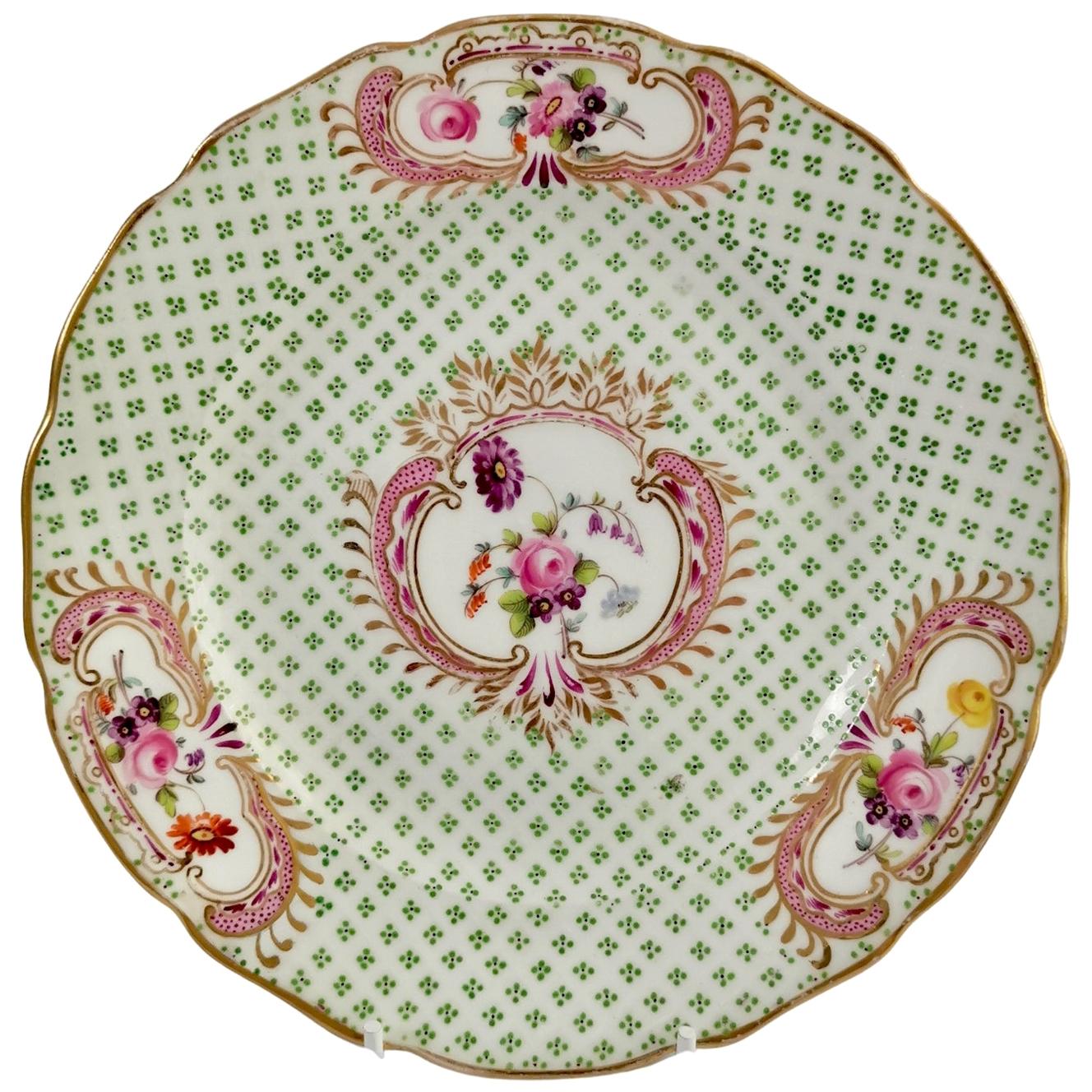 Coalport Small Porcelain Plate, Green and Gilt, Flowers, Regency, circa 1820