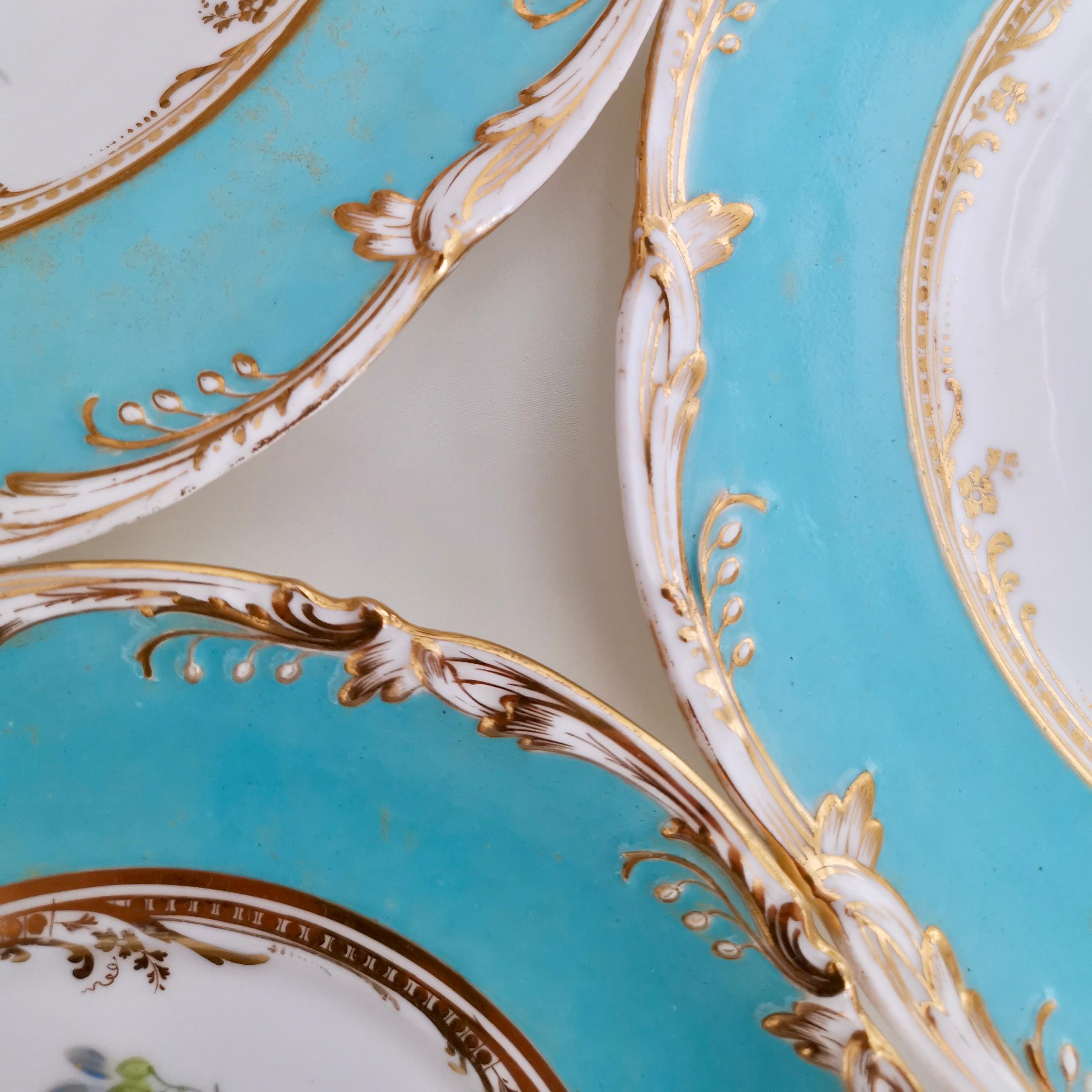 English Coalport Small Porcelain Plate, Sky Blue with Flowers by Thomas Dixon, 1845-1850