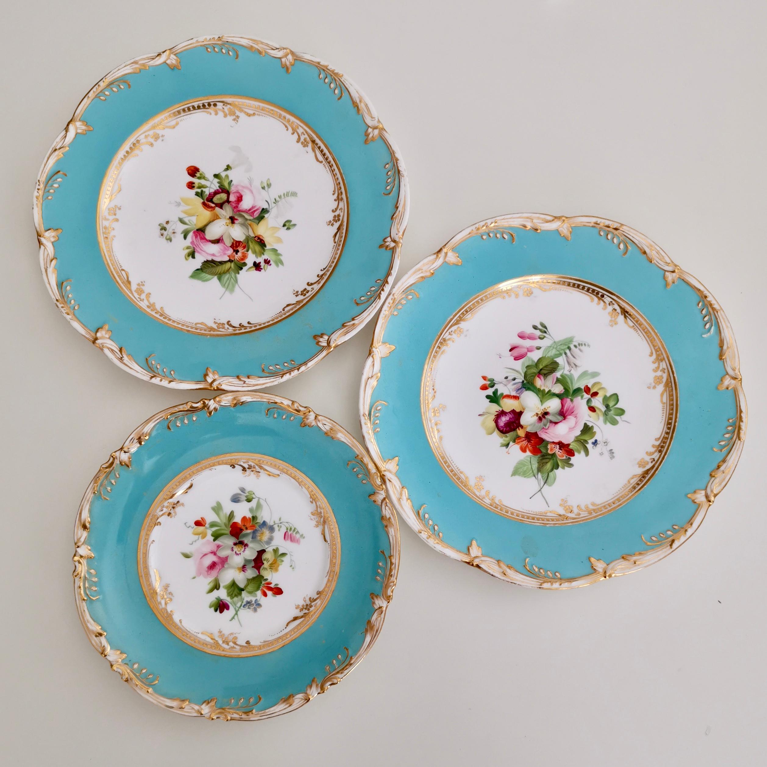 Mid-19th Century Coalport Small Porcelain Plate, Sky Blue with Flowers by Thomas Dixon, 1845-1850