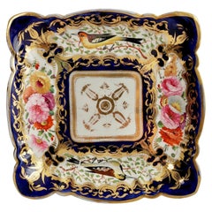 Antique Coalport Square Porcelain Dish, Cobalt Blue, Birds and Flowers, Regency ca 1815