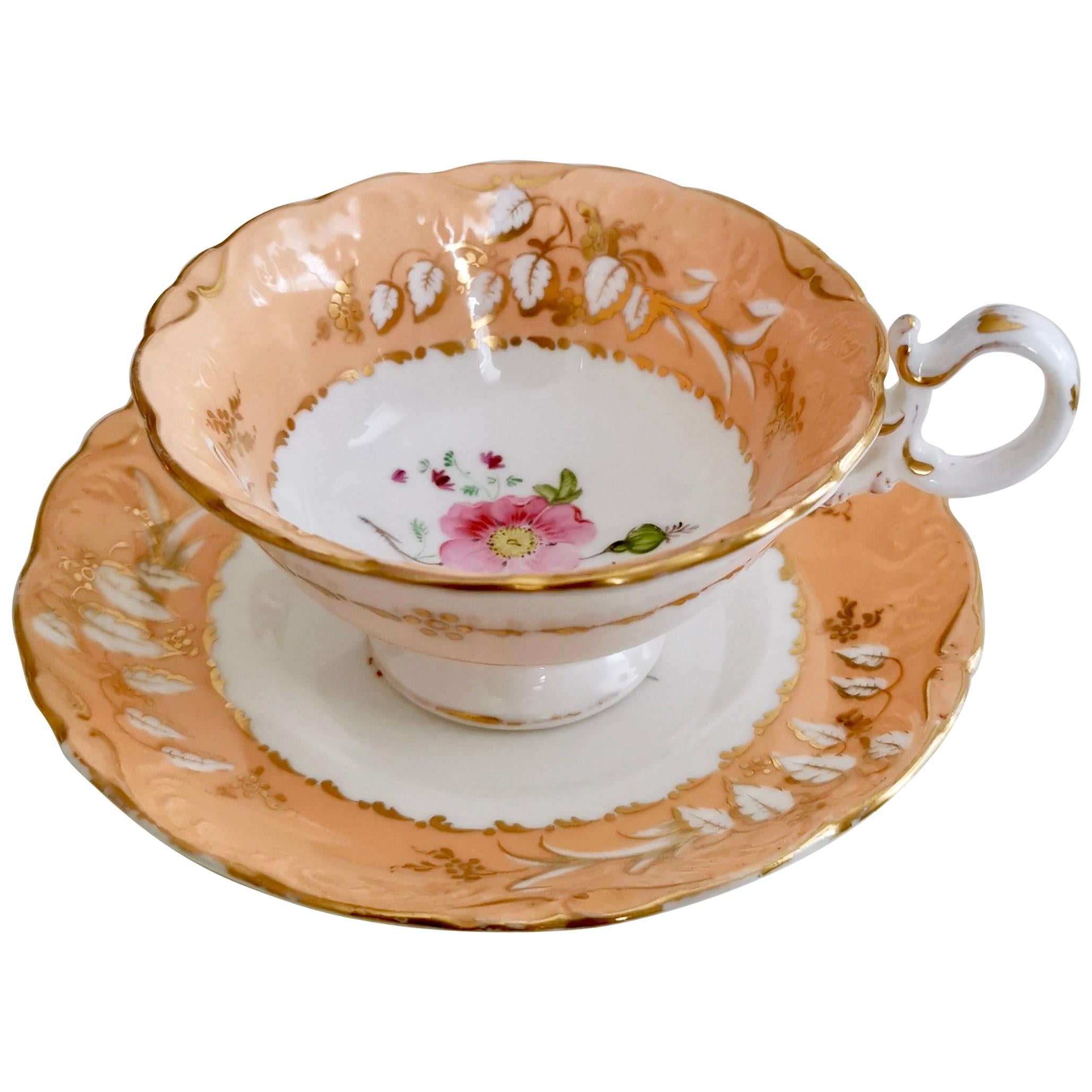 Coalport Teacup, Adelaide Shape, Peach-Colored with Roses, circa 1839