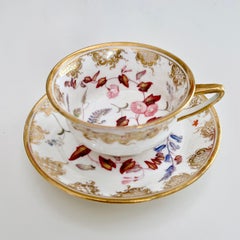 Coalport Teacup, White with Flowers in Style of William Pollard, Regency ca 1820