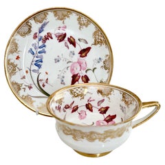 Coalport Teacup, White with Flowers in Style of William Pollard, Regency ca 1820