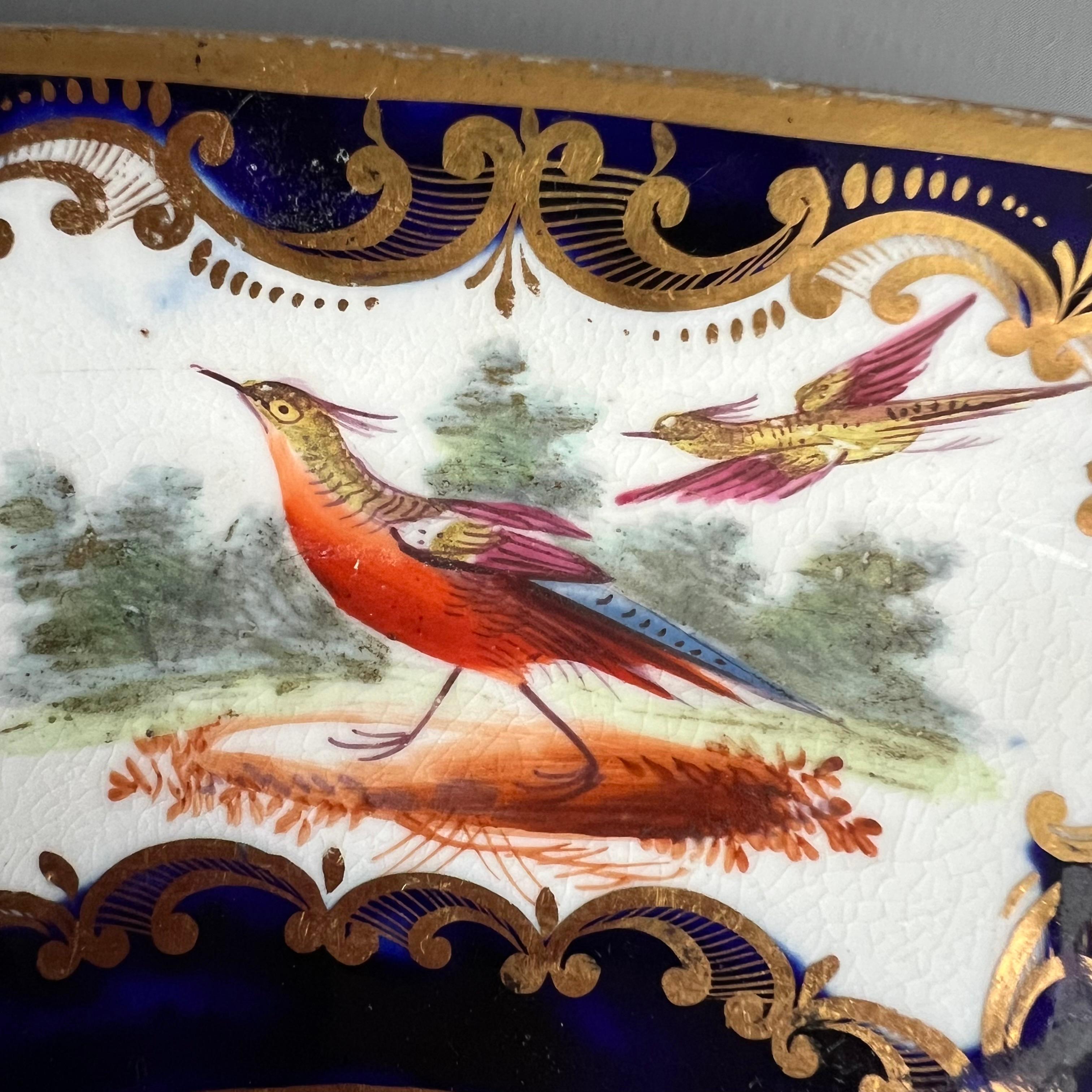 English Coalport Teapot Stand Dish, Cobalt Blue, Gilt and Birds, Regency ca 1815