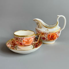 Coalport Thomas Rose Teacup, Red Orange Peonies Willow & Birds, Georgian Ca 1805