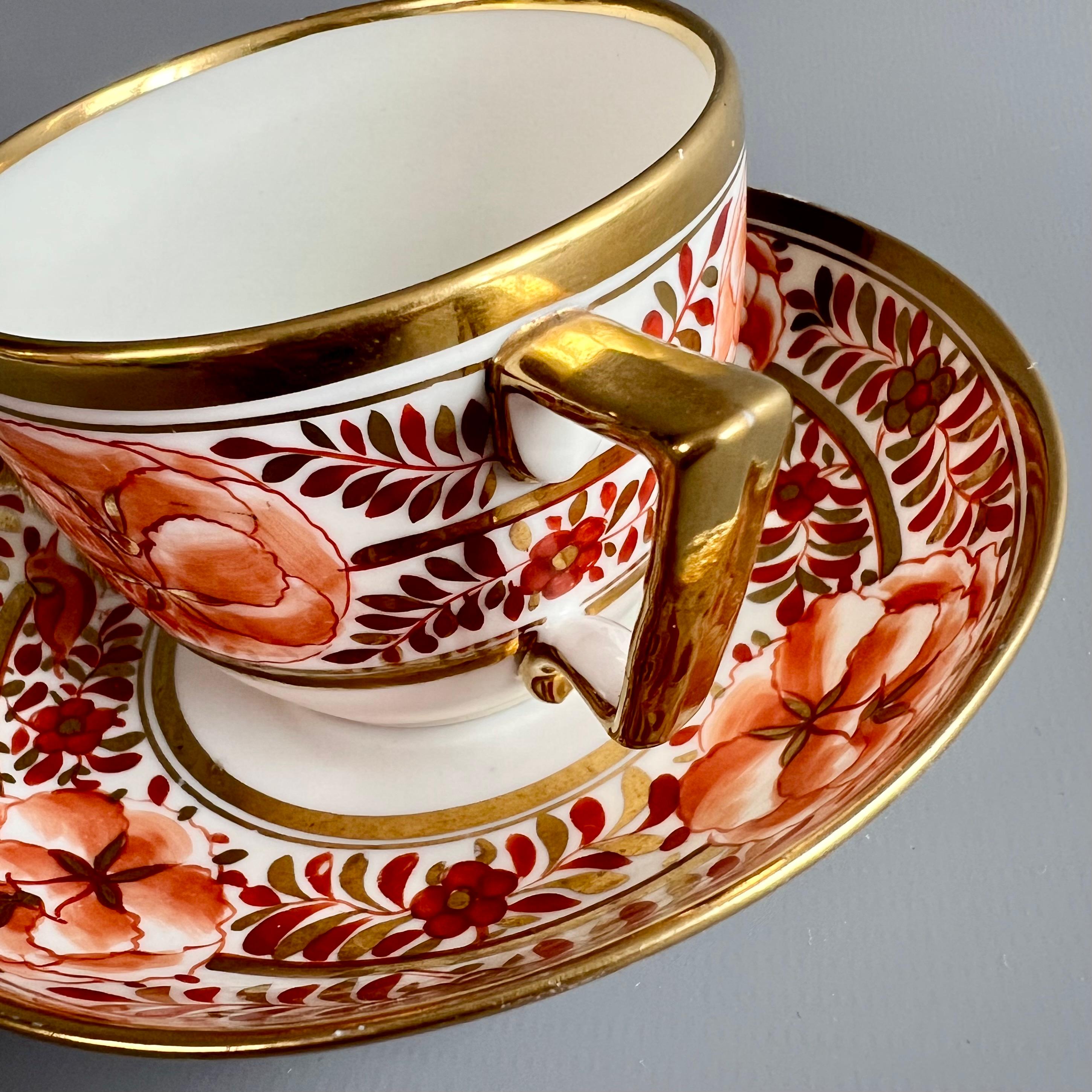 Hand-Painted Coalport Thomas Rose Teacup, Red Orange Peonies Willow & Birds, Georgian Ca 1805