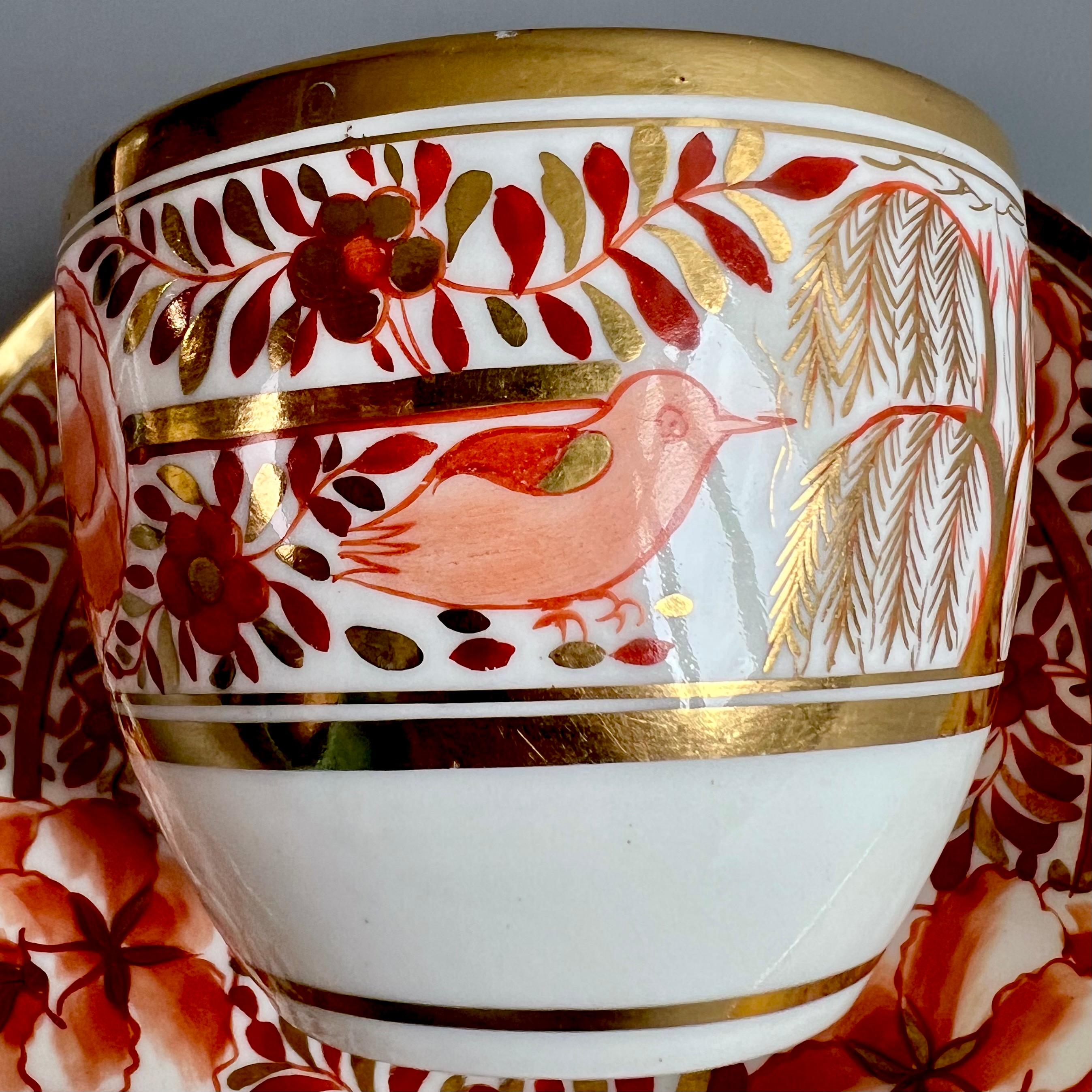 Porcelain Coalport Thomas Rose Teacup, Red Orange Peonies Willow & Birds, Georgian Ca 1805