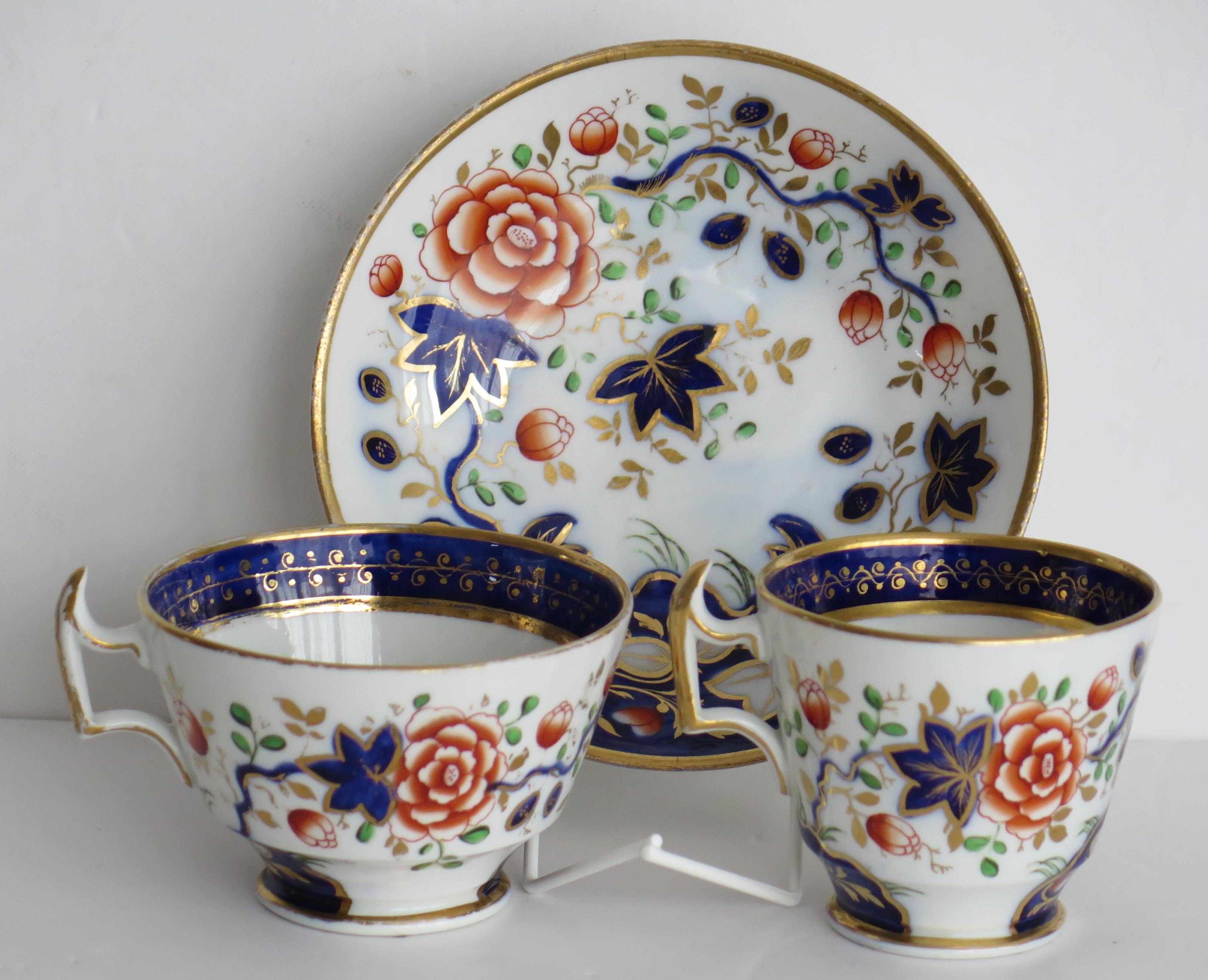 George III Coalport Trio Porcelain Hand Painted Gilded Bold Imari Pattern, circa 1815 For Sale