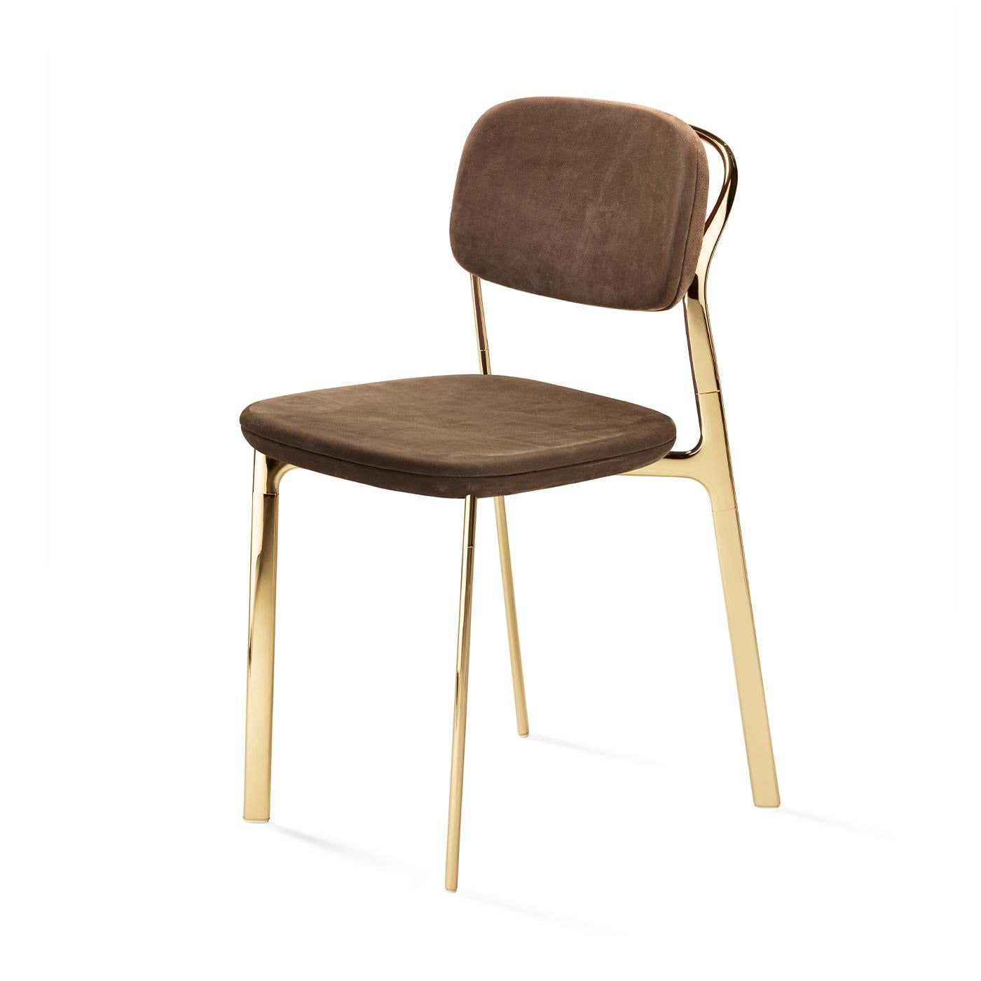 An elegant and sophisticated combination of hues and materials, this splendid chair is entirely fashioned of polished gold-finished brass, enriched with a soft brown Nabuk leather upholstery covering the rounded seat and open backrest. This superb