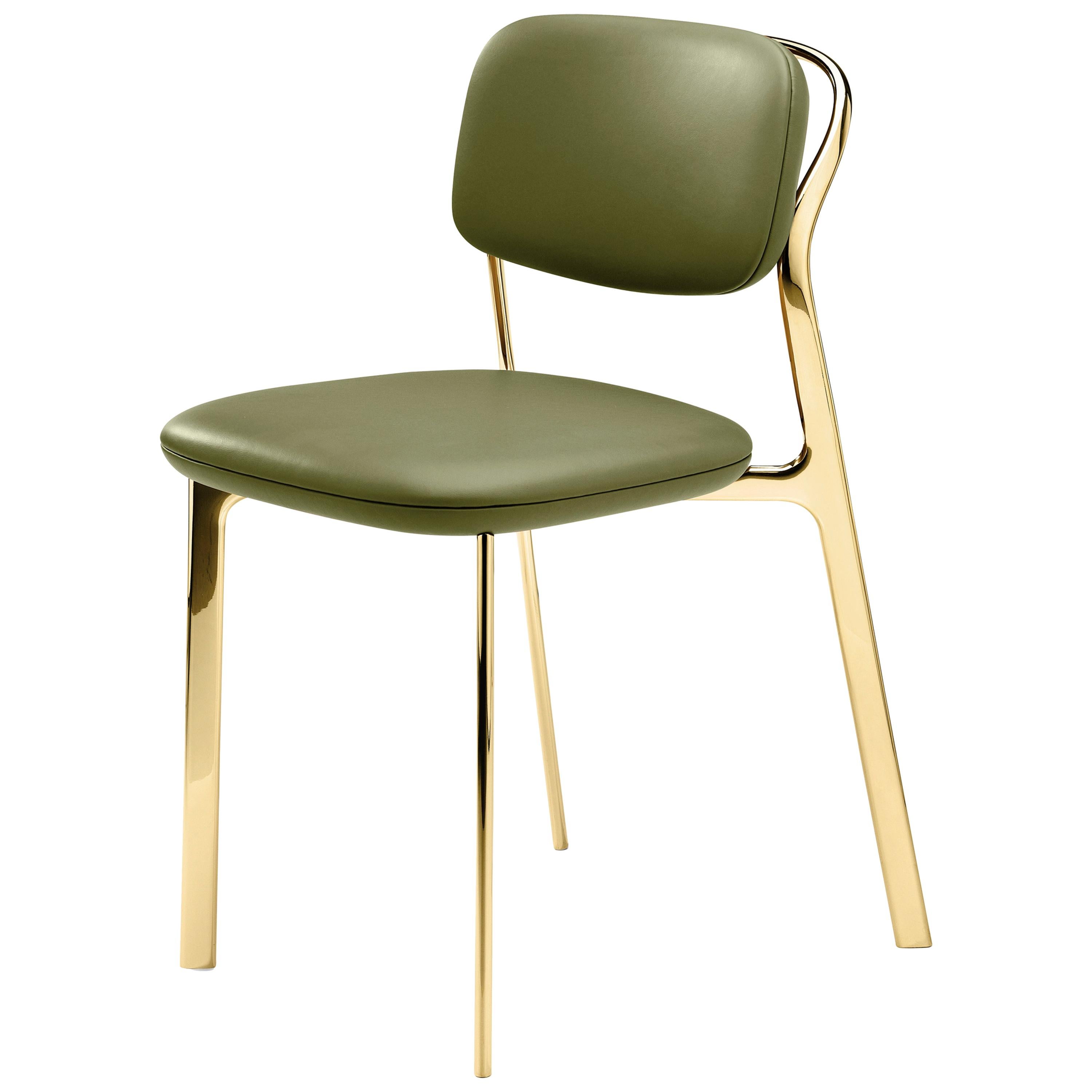 Coast Chair in Green Natural Leather with Polished Brass by Branch