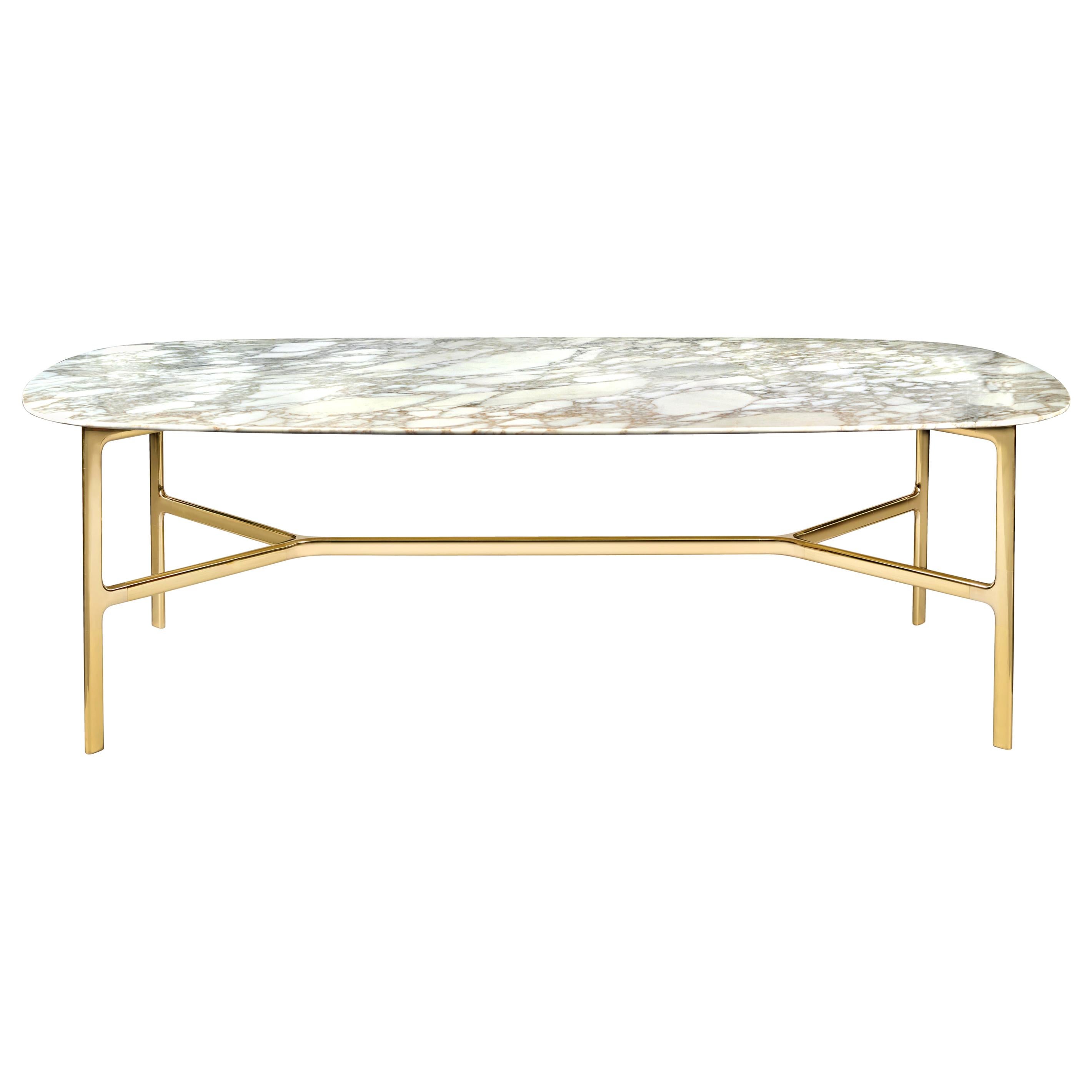 Coast Dining Table in Calacatta Gold Marble Top with Polished Brass Legs, Branch For Sale