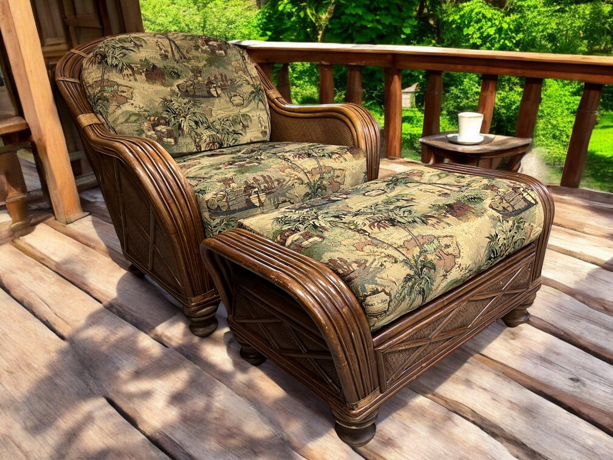 Late 20th Century Bamboo & Woven Reed Lounge Chair & Ottoman For Sale