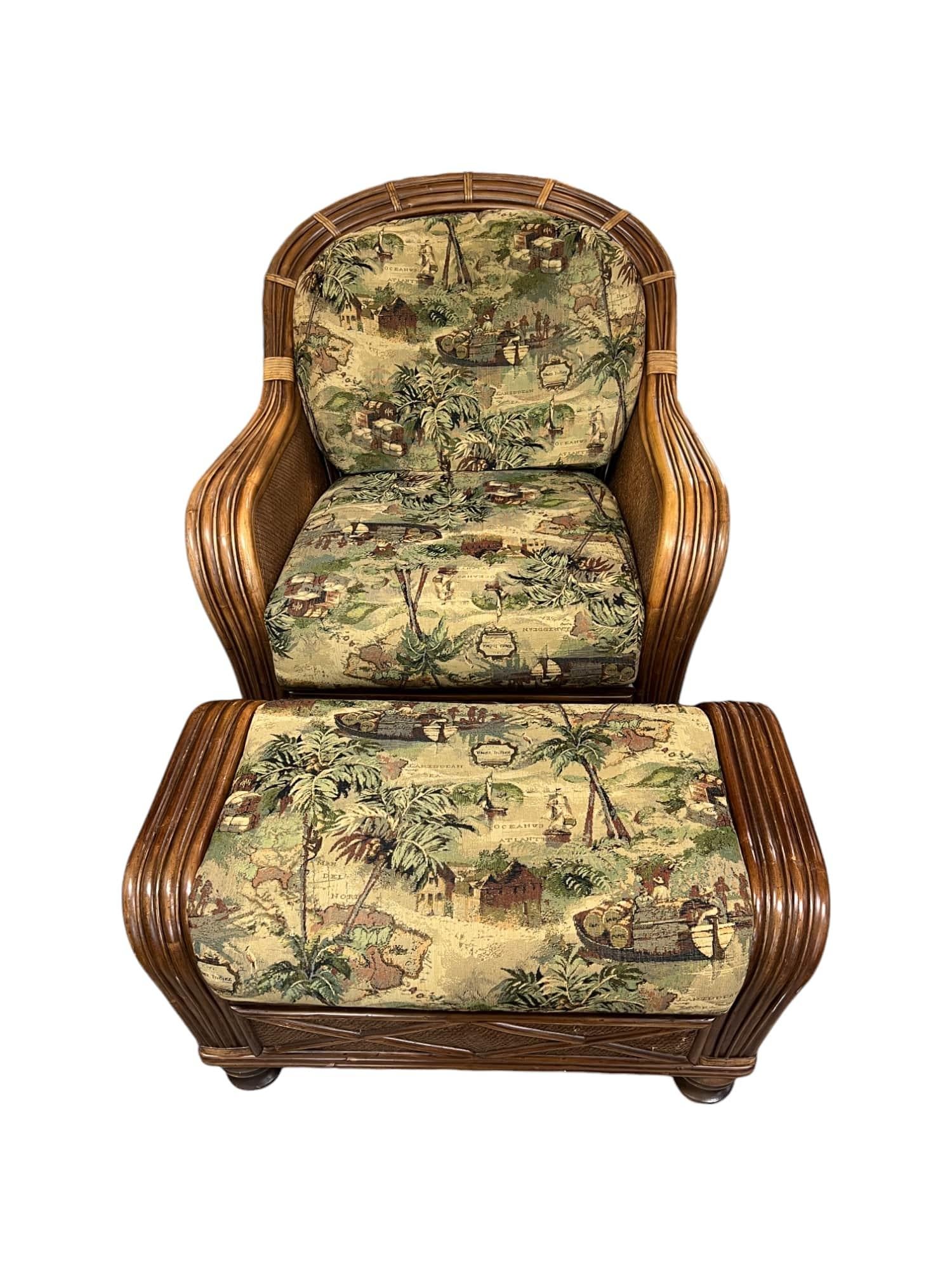 Bamboo & Woven Reed Lounge Chair & Ottoman For Sale 2
