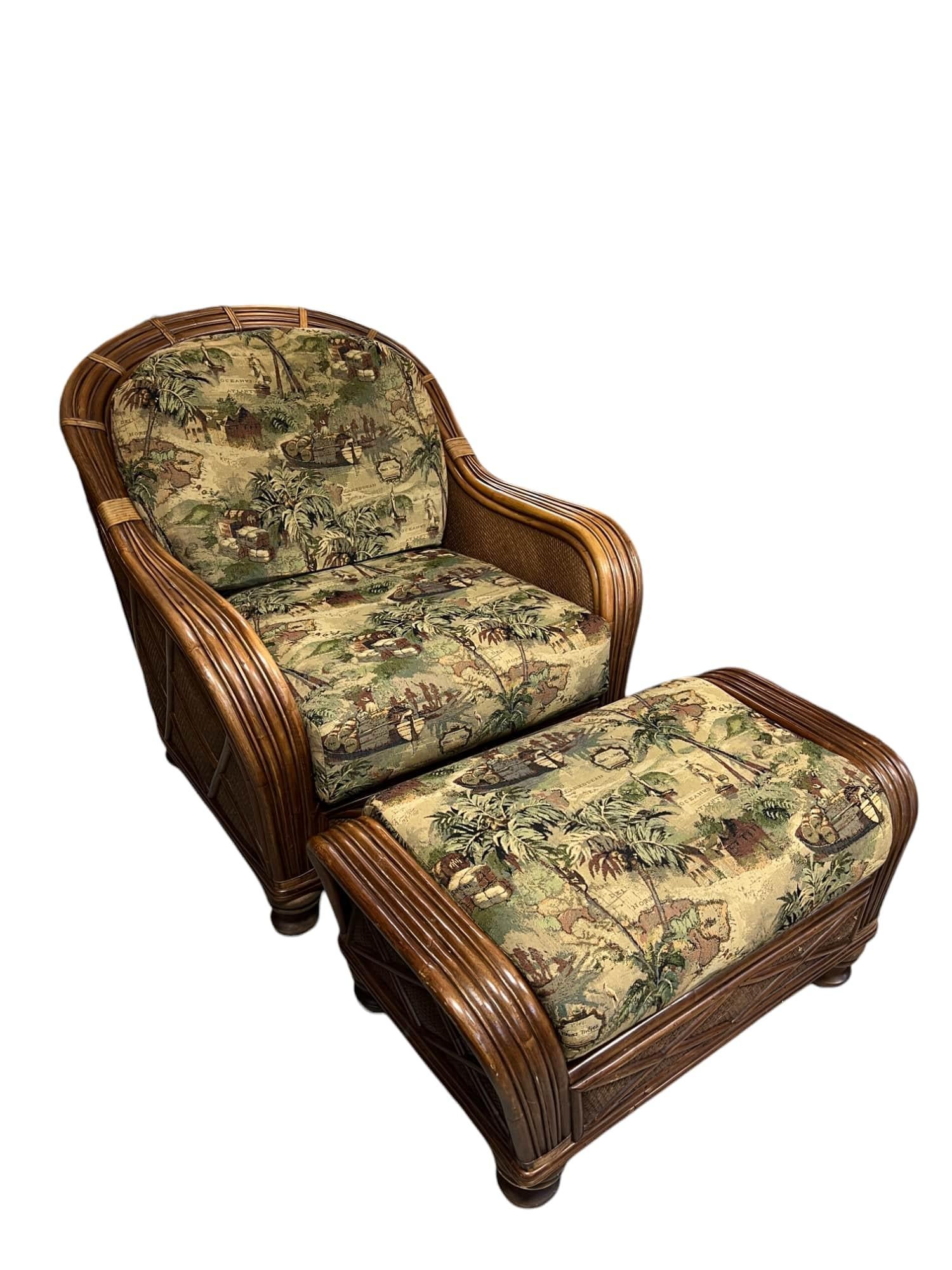 Bamboo & Woven Reed Lounge Chair & Ottoman For Sale 3