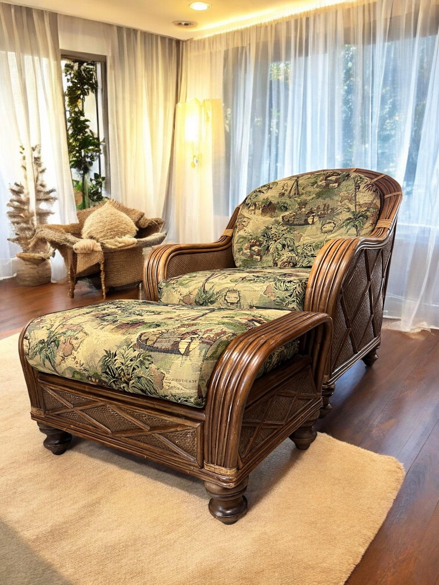 Textile Bamboo & Woven Reed Lounge Chair & Ottoman For Sale