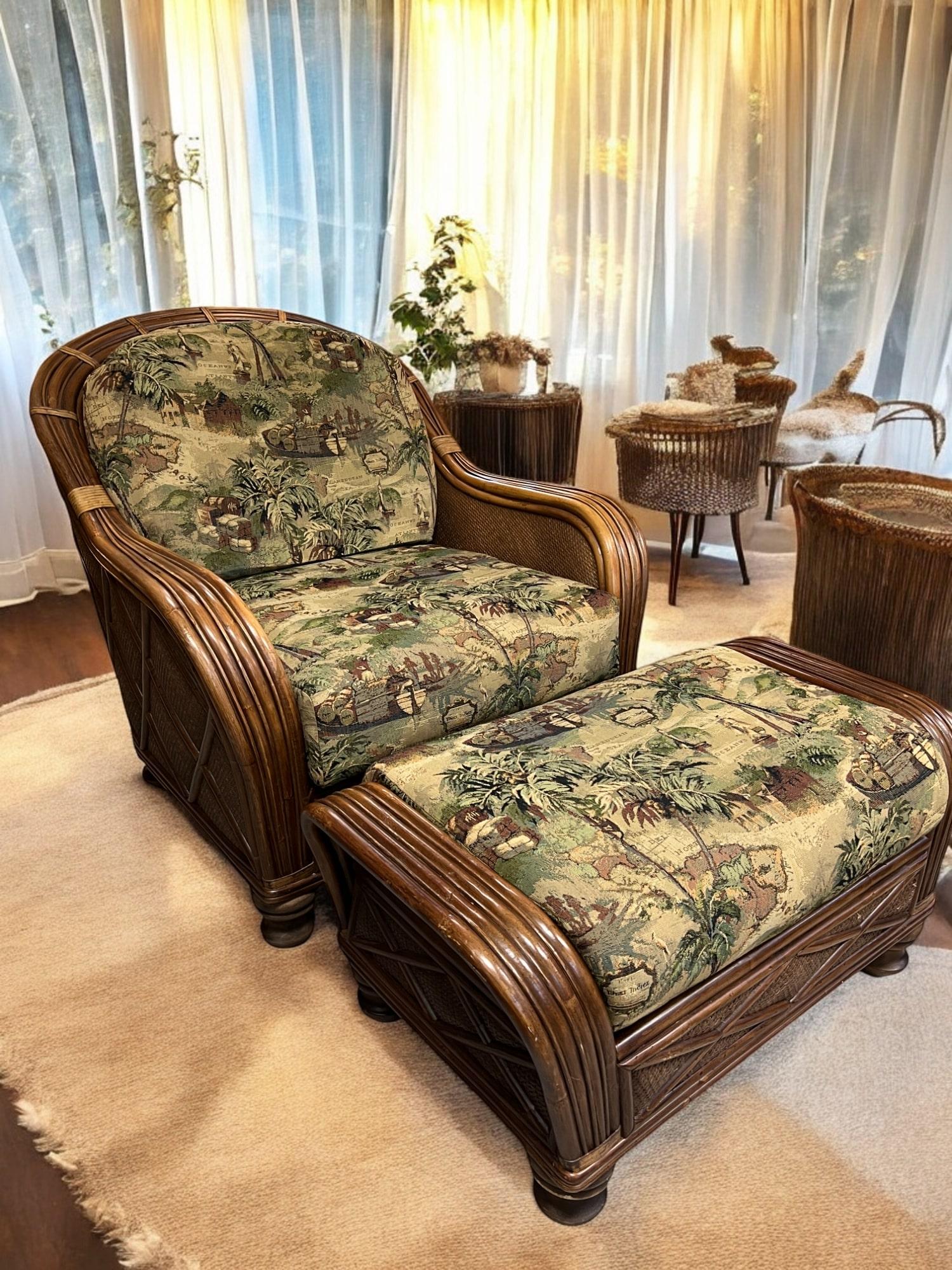 Bamboo & Woven Reed Lounge Chair & Ottoman For Sale 1