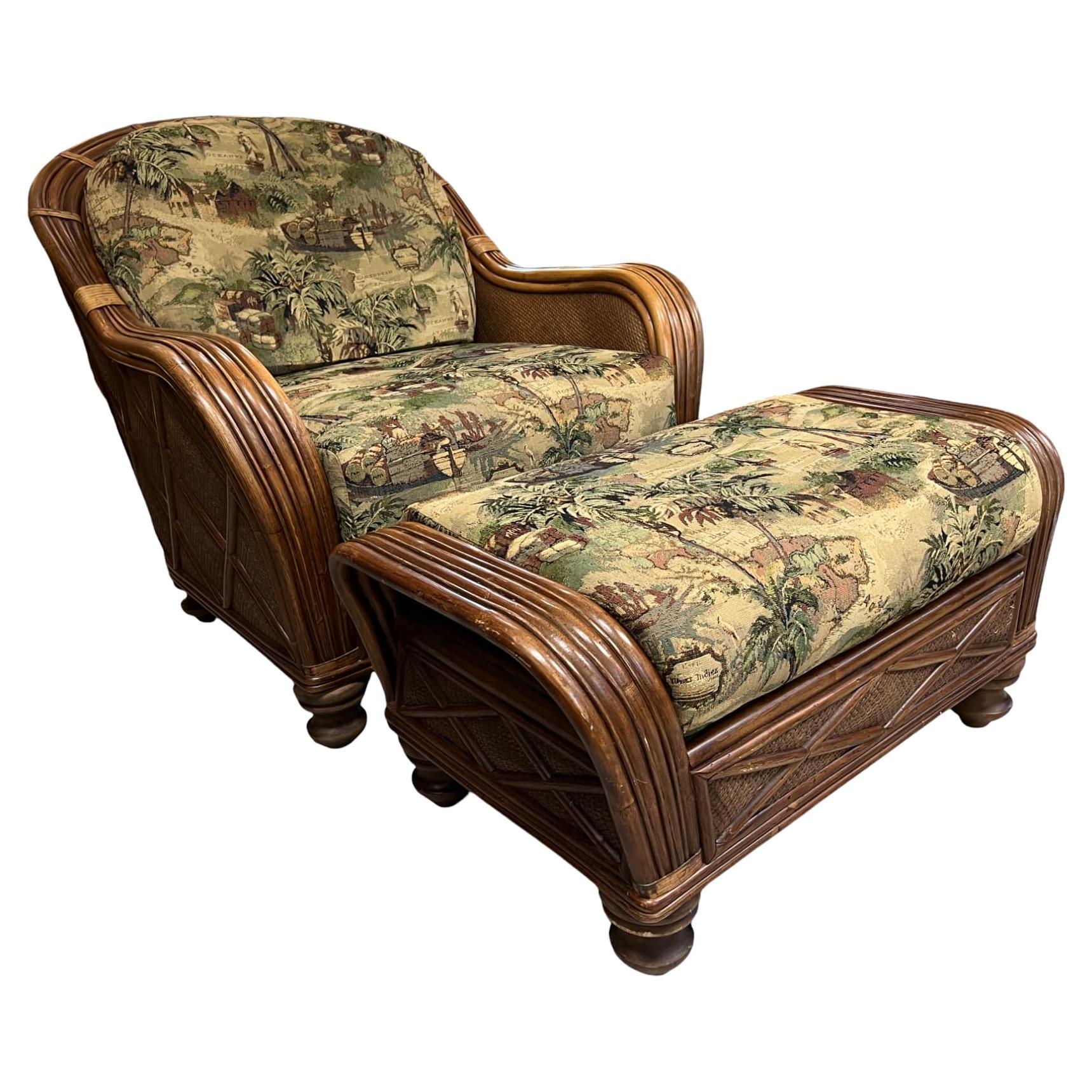 Bamboo & Woven Reed Lounge Chair & Ottoman For Sale