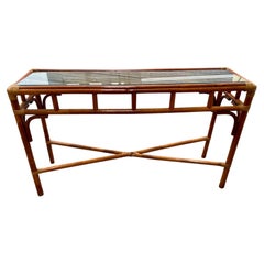 Coastal Bamboo Sofa Console Table Server Rattan Glass Top