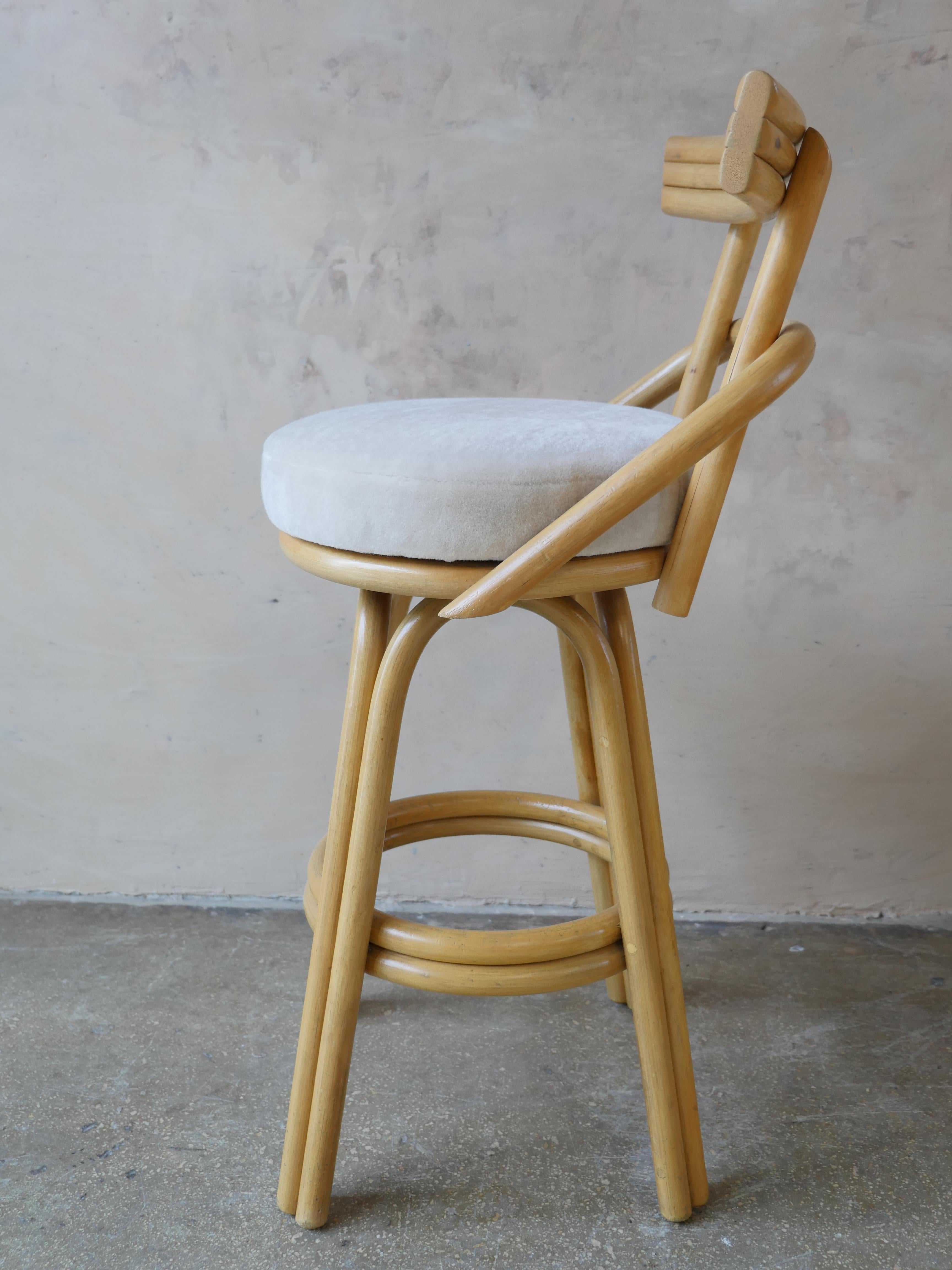 Mid-20th Century Coastal Bentwood Rattan Swivel Bar Stools With Pierre Frey Teddy Mohair, Set of