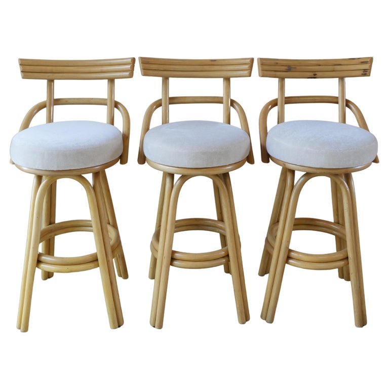 Coastal Bentwood Rattan Swivel Bar Stools With Pierre Frey Teddy Mohair