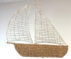 Coastal Boho Chic Polychromed Rattan, Willow and Reed Sailboat Chandelier
