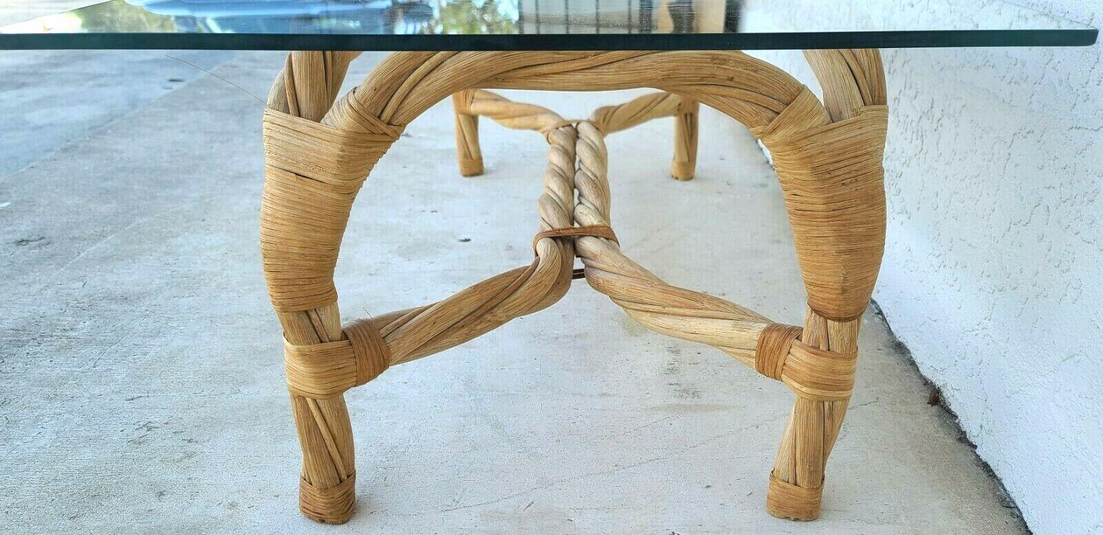 Coastal Boho Twisted Bamboo & Rattan Glass Coffee Table In Good Condition For Sale In Lake Worth, FL