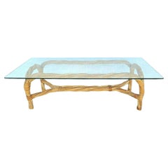 Vintage Coastal Boho Twisted Bamboo & Rattan Glass Coffee Table