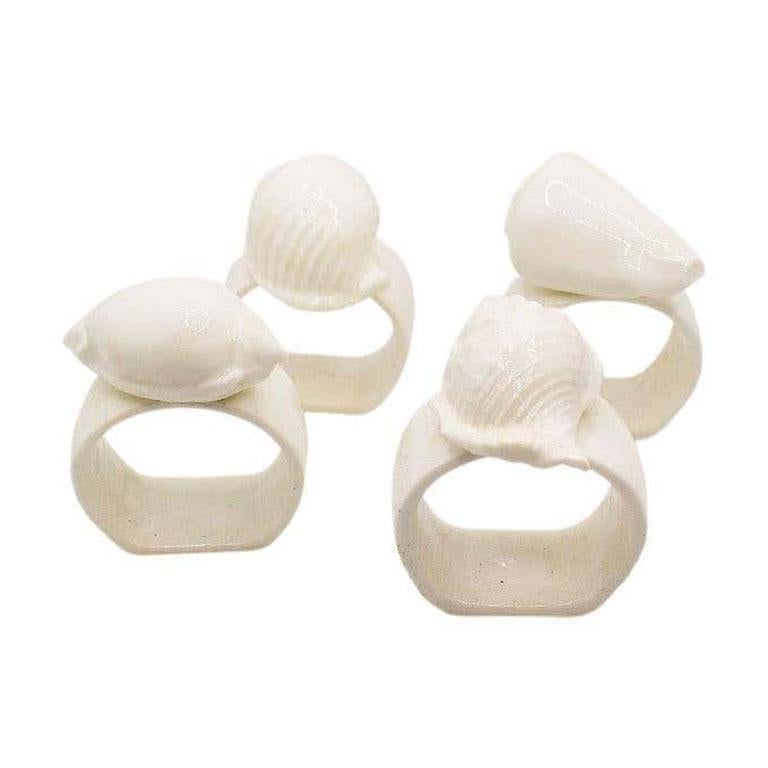 Chinoiserie Coastal Bone China Shell Motif Napkin Rings, Set of 4 For Sale