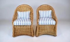 Coastal Braided Wicker Rattan Chairs After Michael Taylor in Blue & White Linen