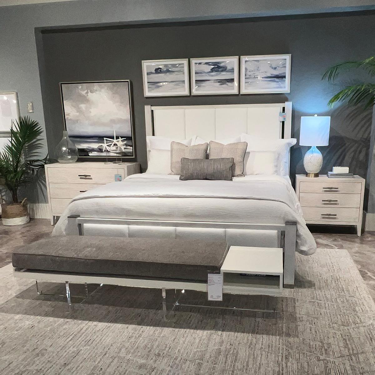Coastal Breeze King Size bed, handmade Upholstered US King Bed, crafted with channeled upholstery to the headboard and footboard, finished in our sea salt painted finish with metal accents.

Dimensions: 79.75