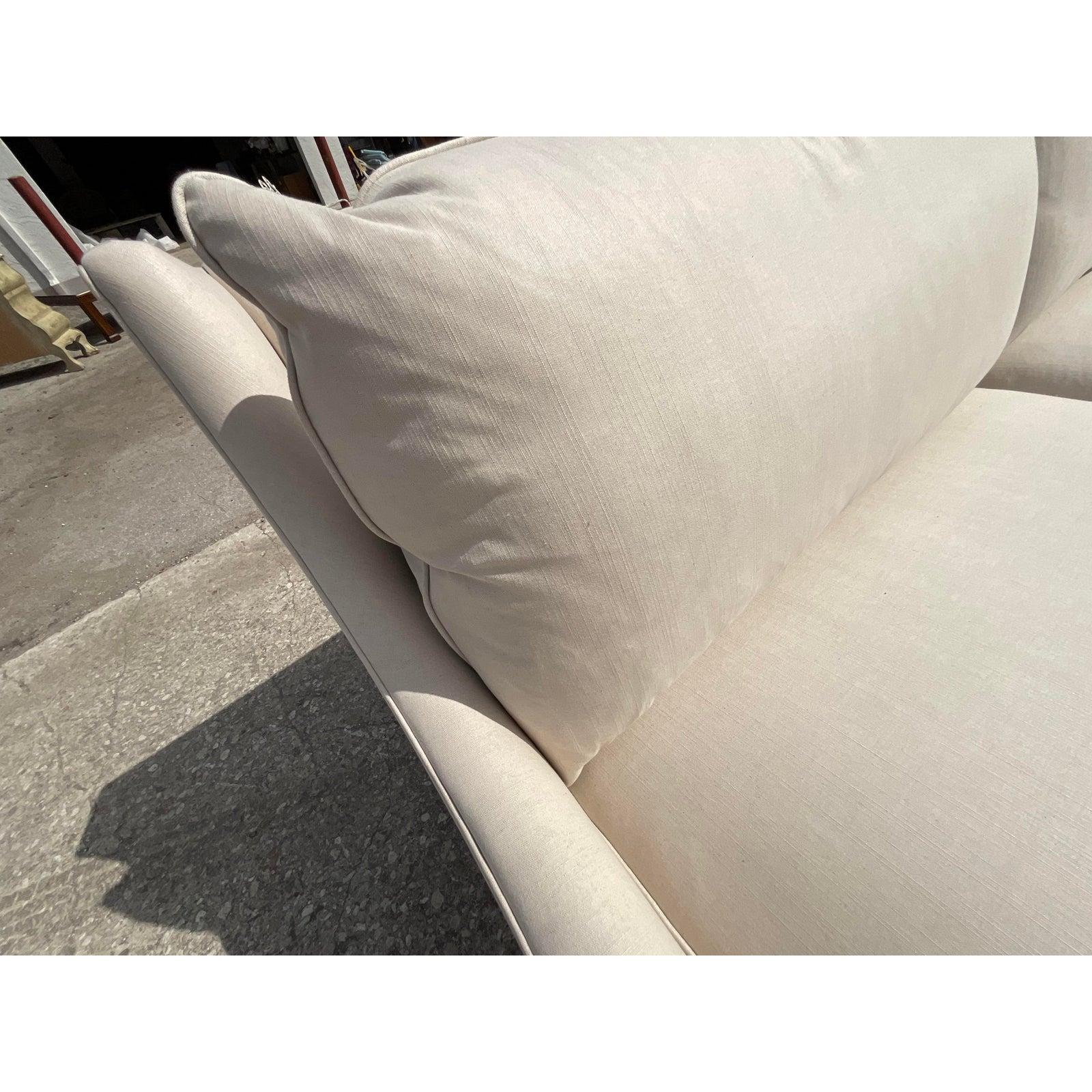 Incredible custom Highland House sofa. Designed by Celerie Kemble in a pale flax color with pale green trim at the bottom. Two sofas available to create a pair if desired. Price is for one. Acquired from a Hibe Sound estate.