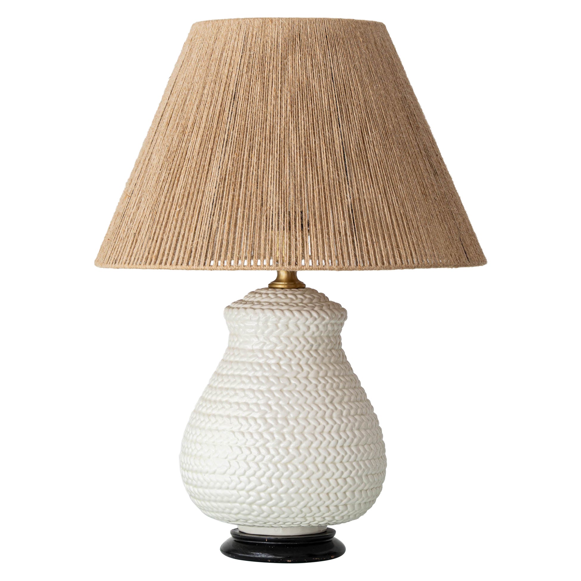 Vintage Hollywood Regency Boho Faux Rattan Ceramic Table Lamp, New Jute Shade