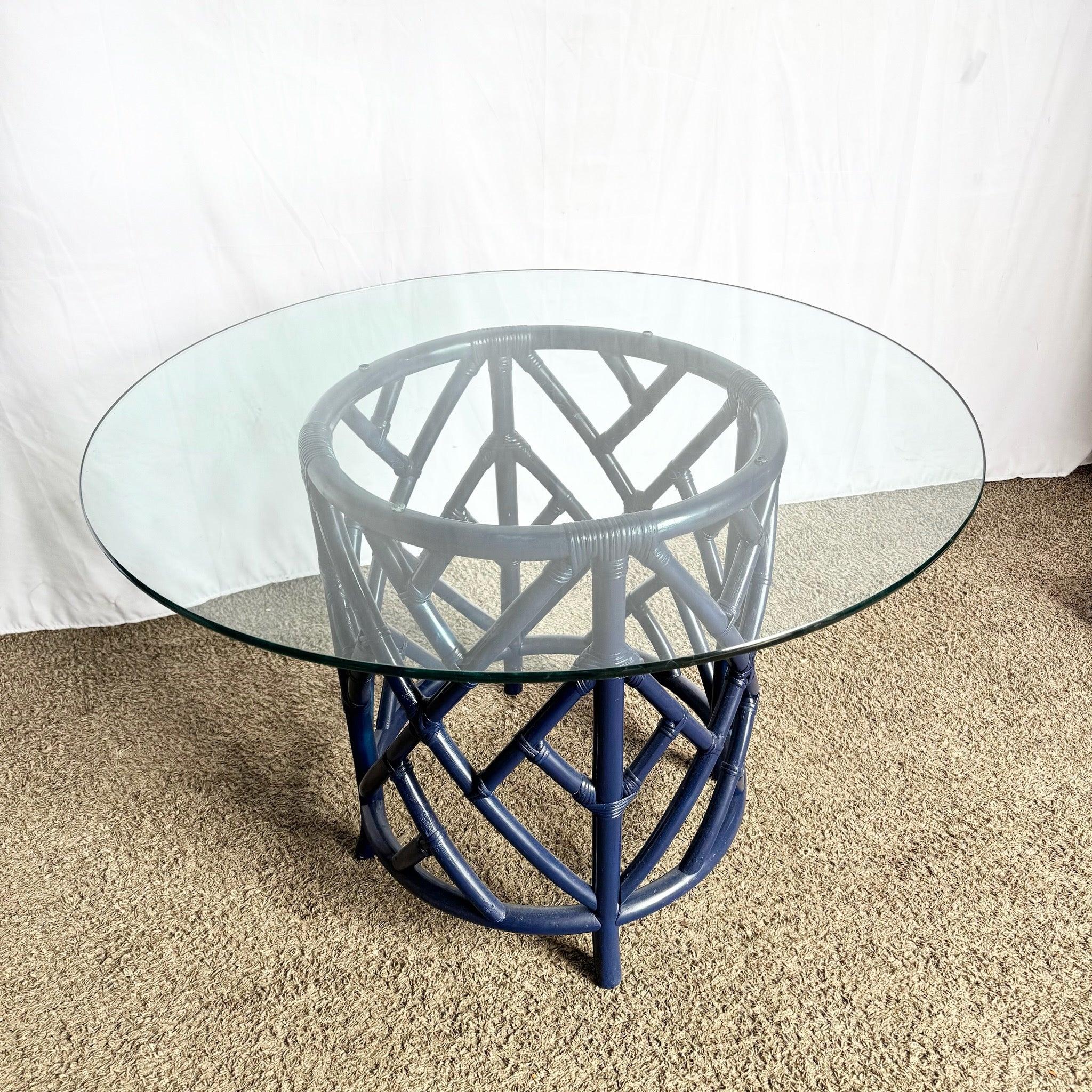 Coastal Chic Navy Blue Chippendale Style Glass Top Dining Table In Good Condition For Sale In Delray Beach, FL