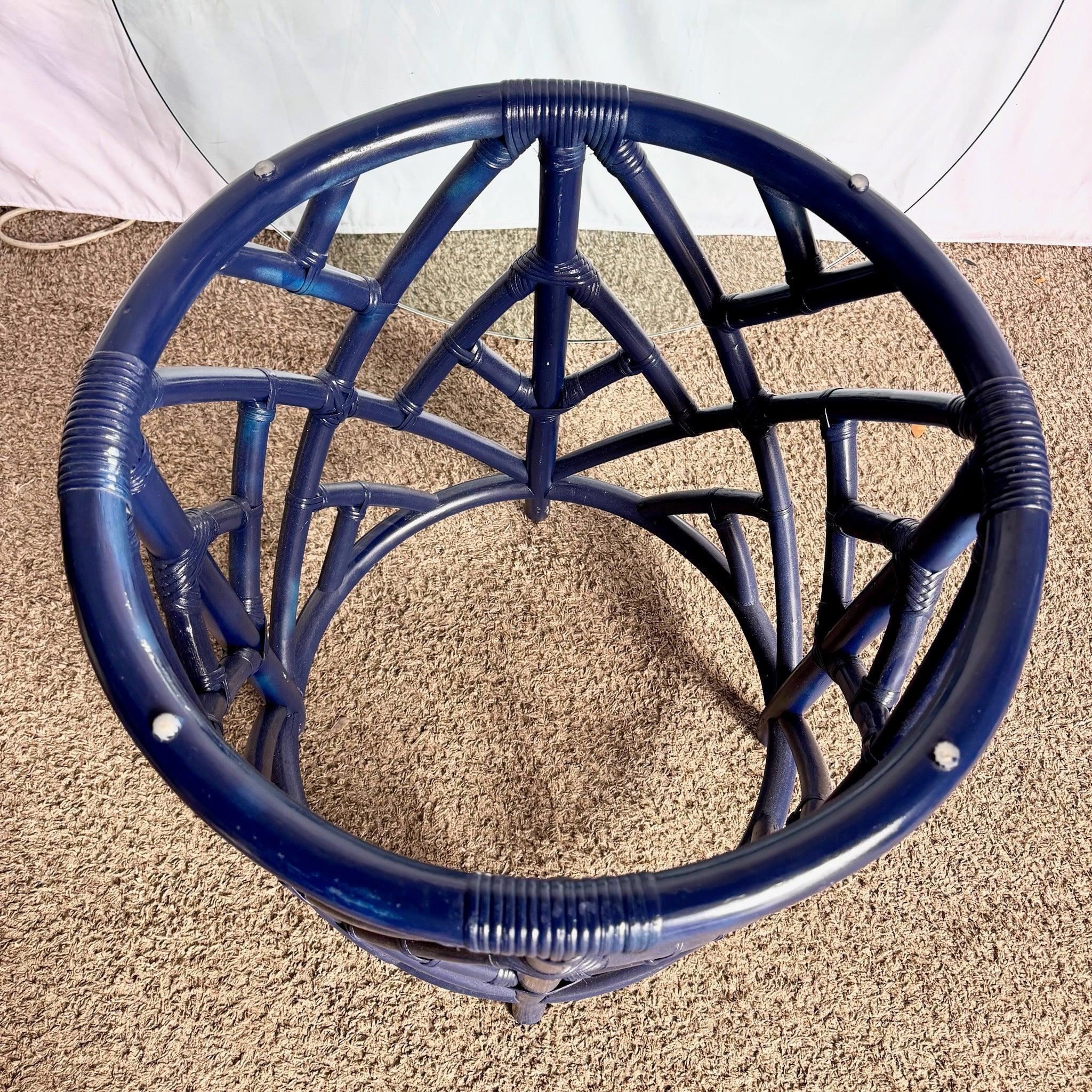 Late 20th Century Coastal Chic Navy Blue Chippendale Style Glass Top Dining Table For Sale