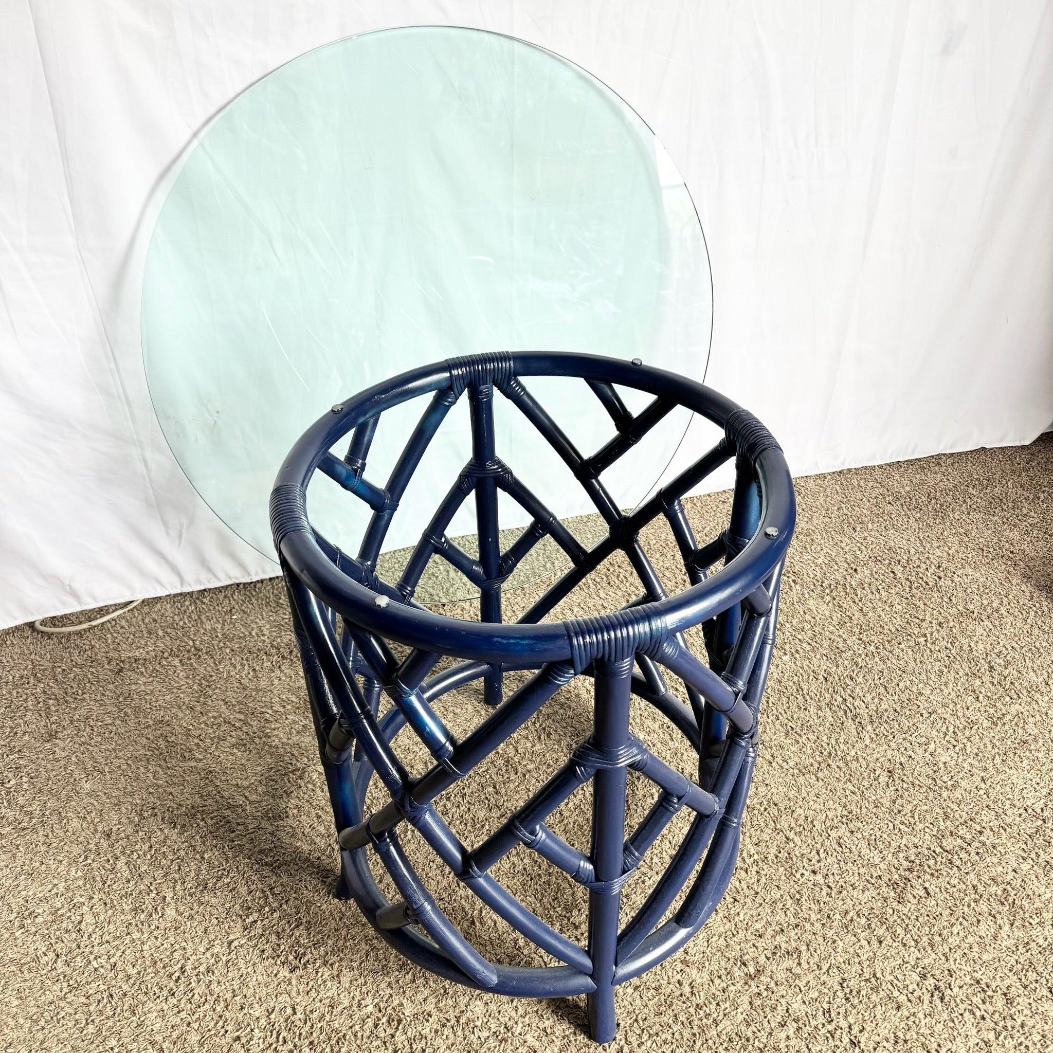Rattan Coastal Chic Navy Blue Chippendale Style Glass Top Dining Table For Sale