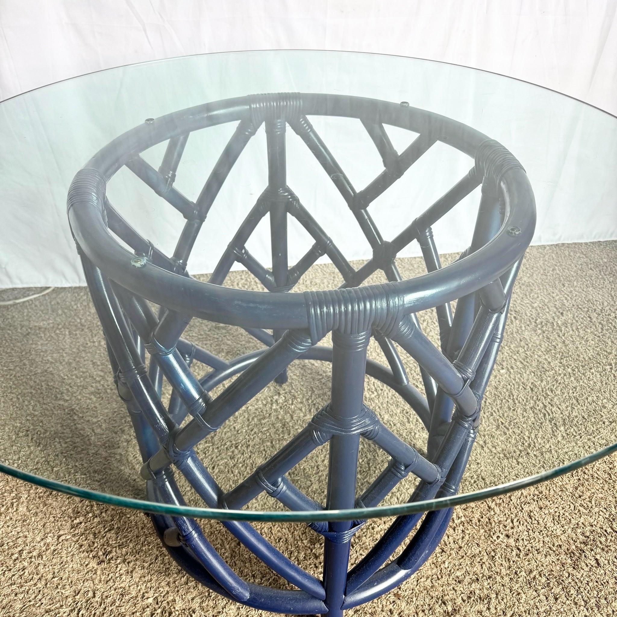 Coastal Chic Navy Blue Chippendale Style Glass Top Dining Table For Sale 1