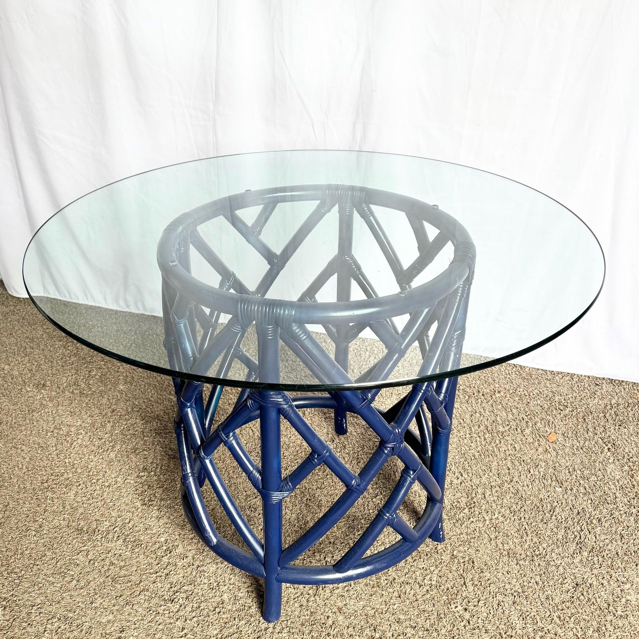 Coastal Chic Navy Blue Chippendale Style Glass Top Dining Table For Sale