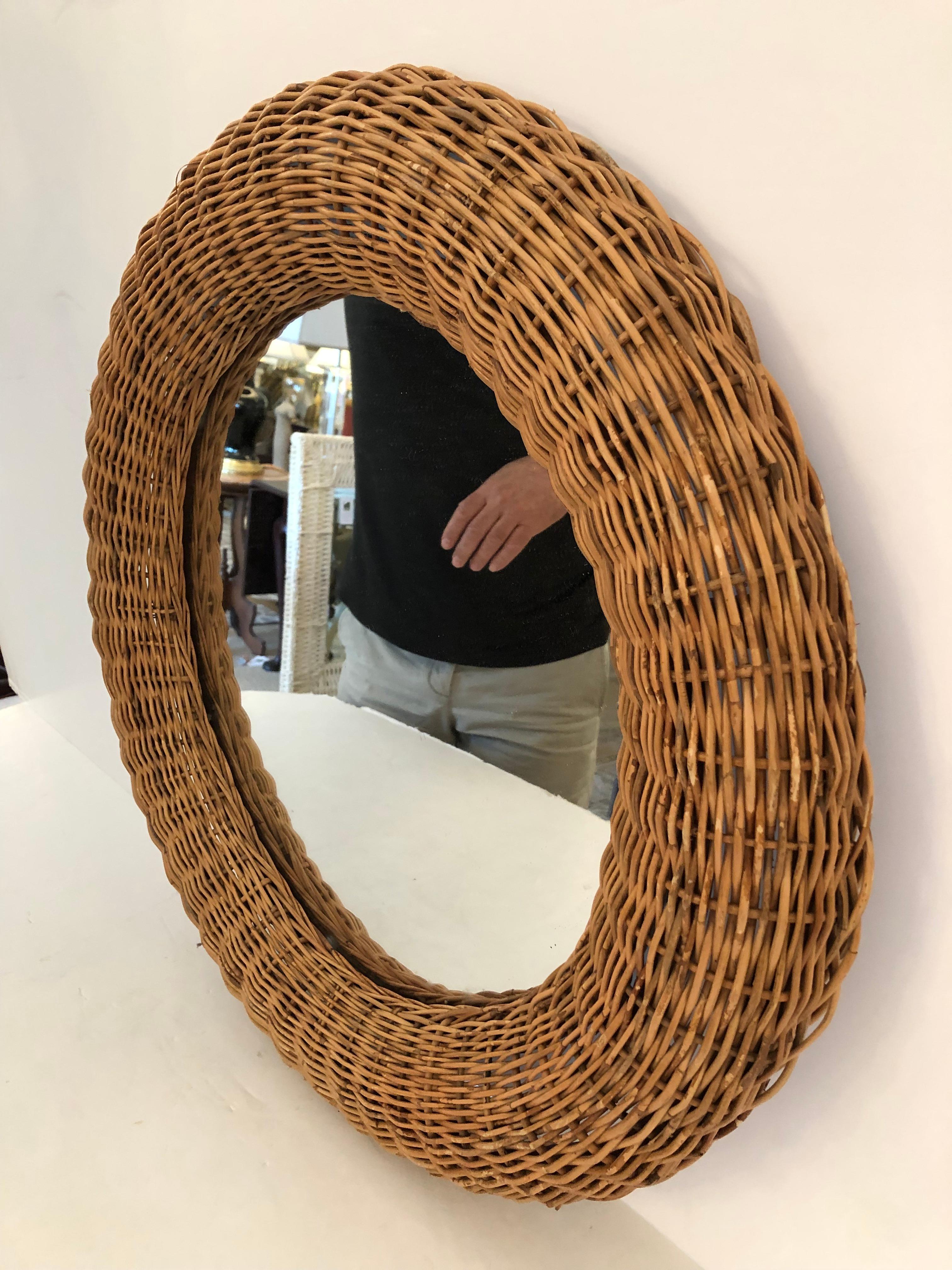 Organic Modern Coastal Chic Round Wicker Framed Mirror For Sale