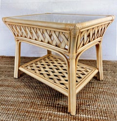 Coastal Chic Woven Rattan Side Table Inset Glass Top