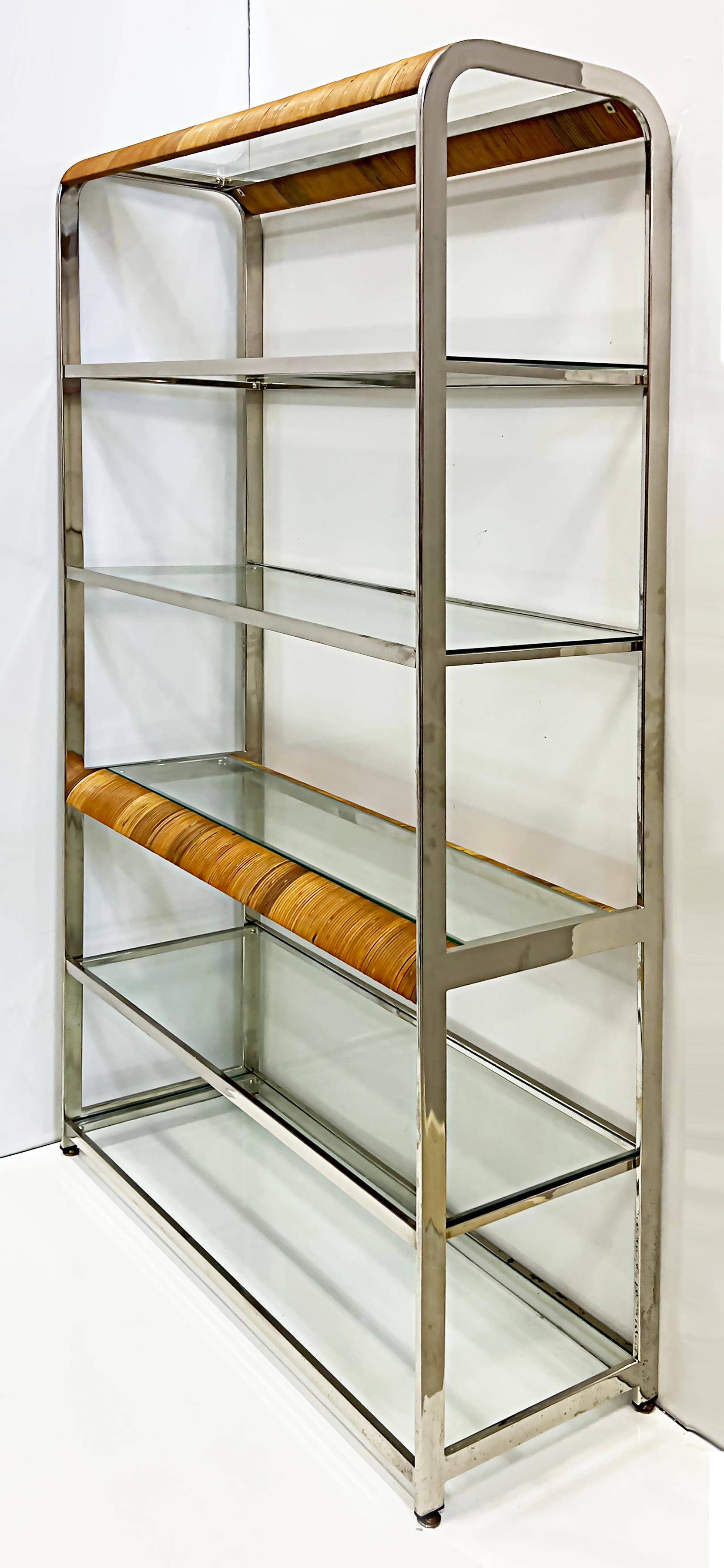 Organic Modern Coastal Chrome, Split Rattan Reed Etageres with Glass Shelves, Pair