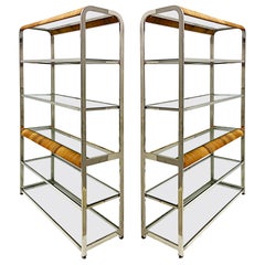 Coastal Chrome, Split Rattan Reed Etageres with Glass Shelves, Pair