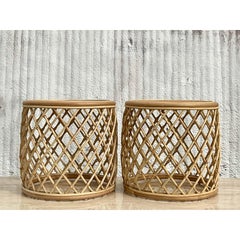 Coastal Crosshatch Rattan Drum Side Tables