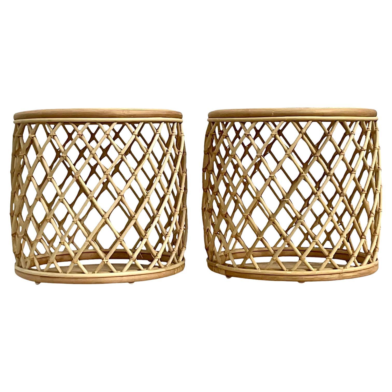 Coastal Crosshatch Rattan Drum Side Tables