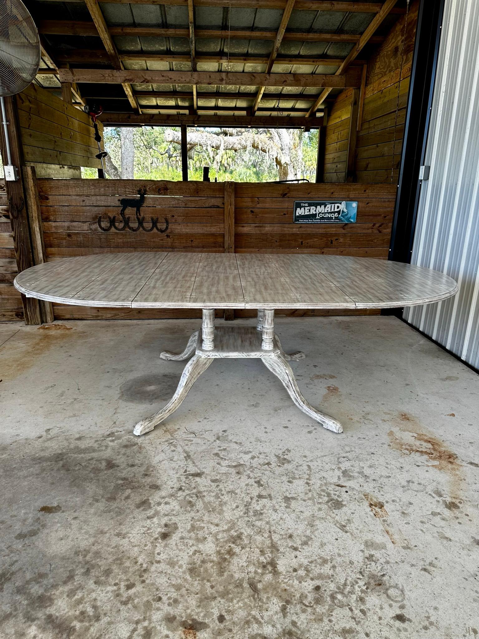 Coastal Distressed Extendable Pedestal Splayed Leg Dining Table For Sale 4